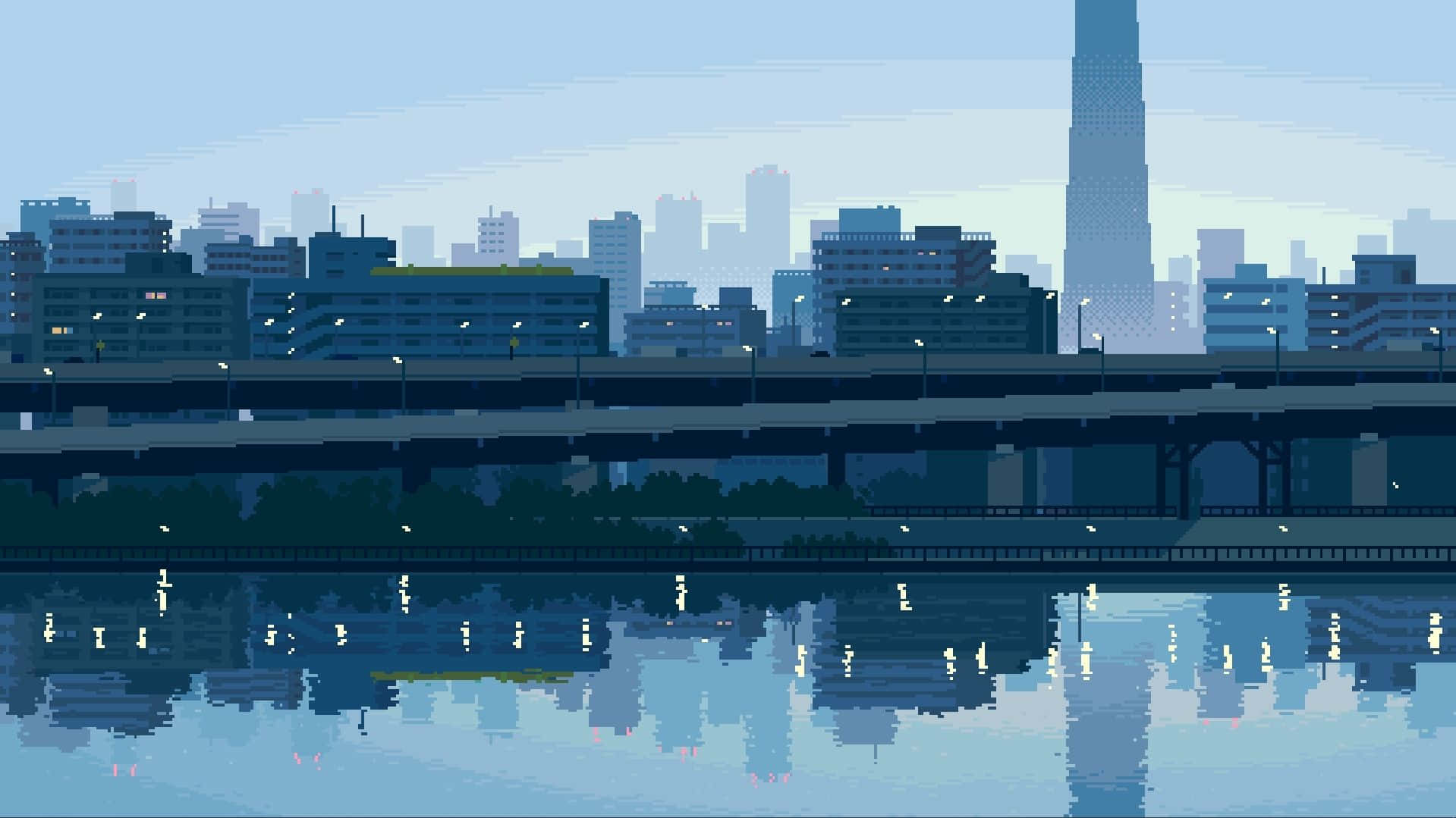 City Pixel Art 桌布 壁紙 — 黃昏時分的像素藝術城市景觀，橋樑和摩天大樓倒映在平靜的水面上，天空柔和藍色。