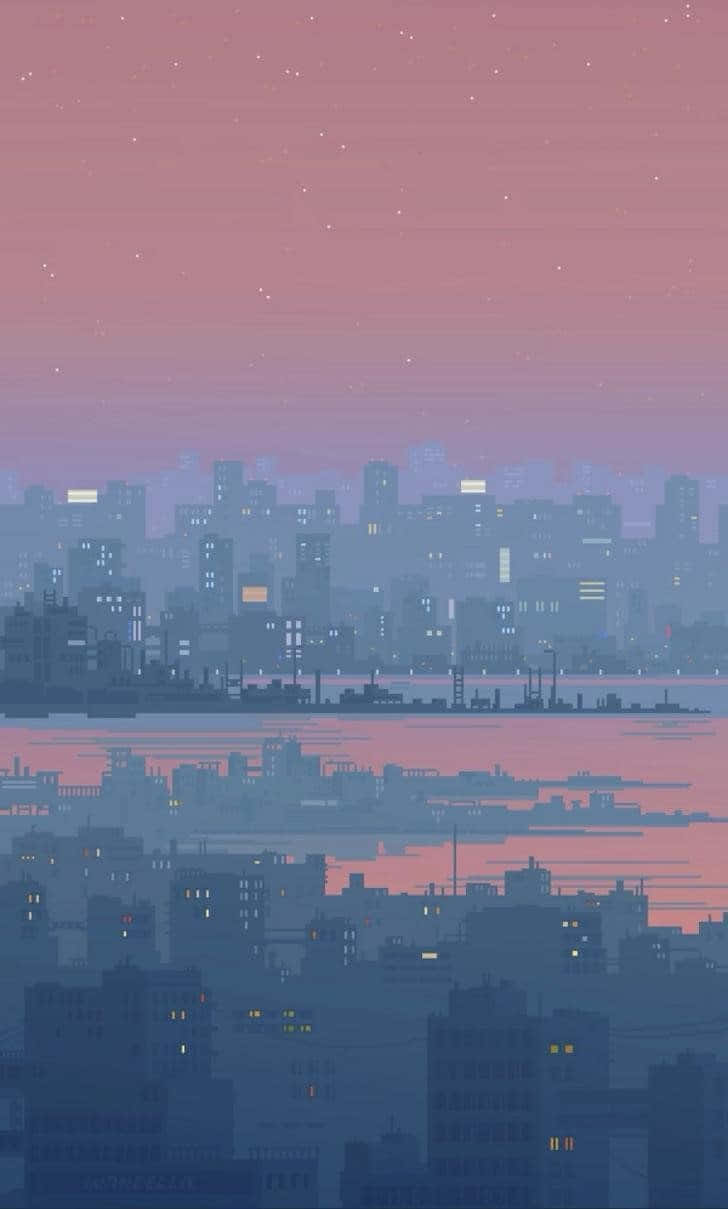黃昏時分的像素藝術城市天際線，粉紅色和紫色的天空倒映在水中。 — Google pixel 壁紙