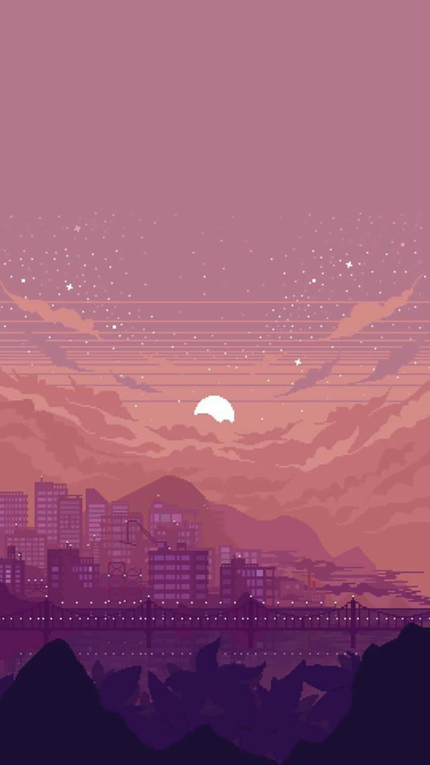 桌布 壁紙 — 黃昏時分的像素藝術城市景觀，紫色山脈、星星和彎月在城市天際線上閃耀。