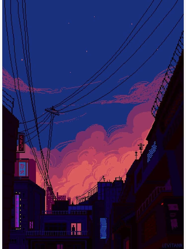 動畫風景 桌布 壁紙 — 黃昏時分的像素藝術小巷，霓虹燈和電線在充滿活力的粉紅色和藍色天空映襯下。