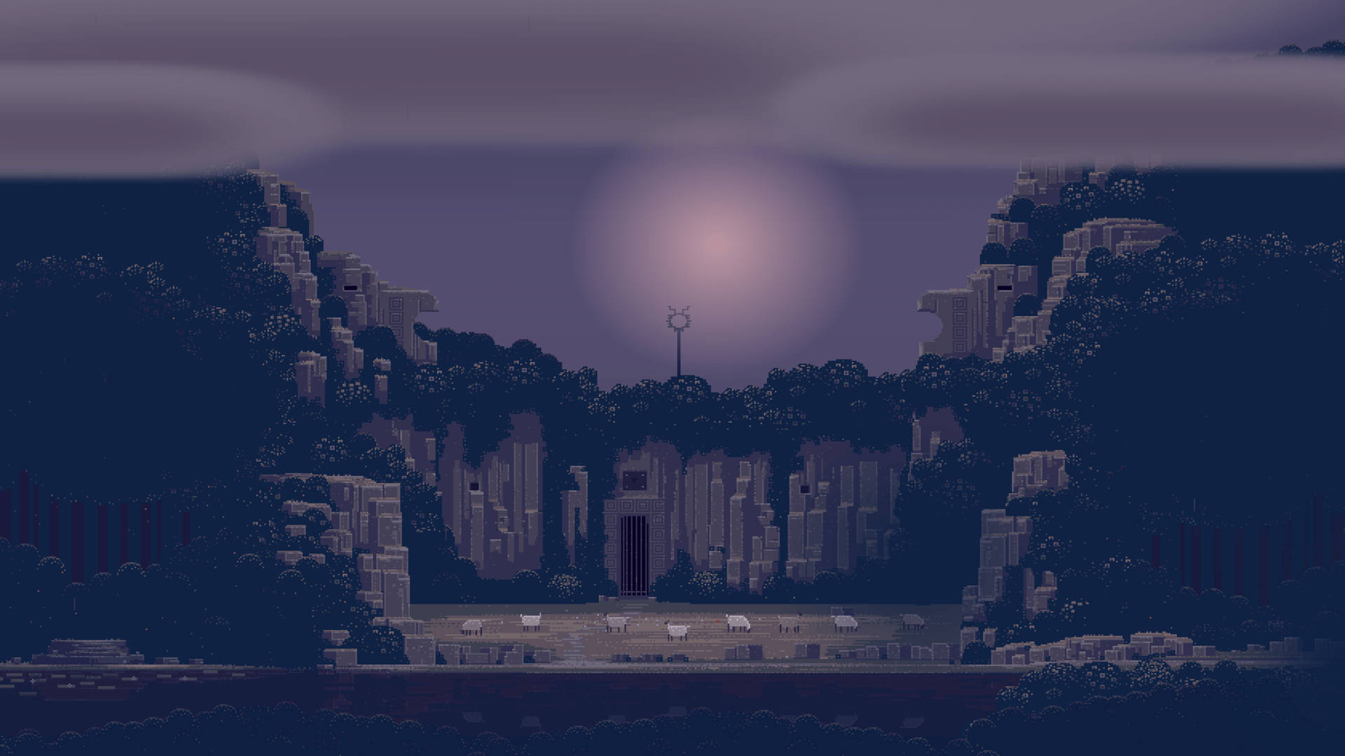 Aesthetic Pixel Art HD 桌布 壁紙 — 黃昏時分的像素藝術景觀，發光球體位於古老廢墟之上，兩旁是黑暗森林和吃草的羊群。