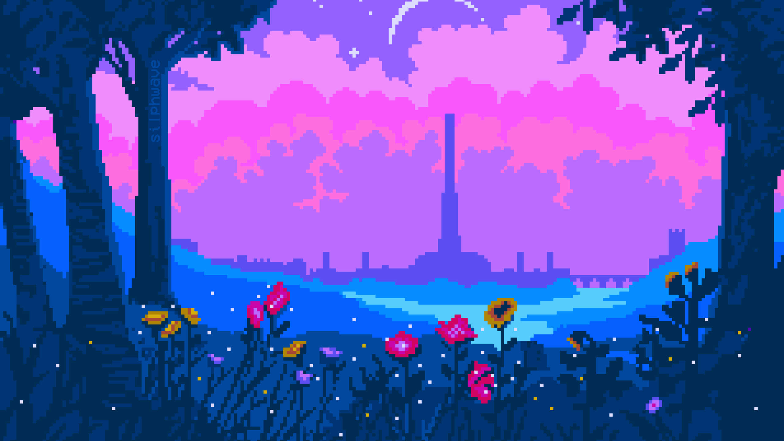 2560x1440 動態圖片 桌布 壁紙 — 黃昏時分的像素藝術森林，有發光的花朵和遠處的工廠，在粉紫色天空下。
