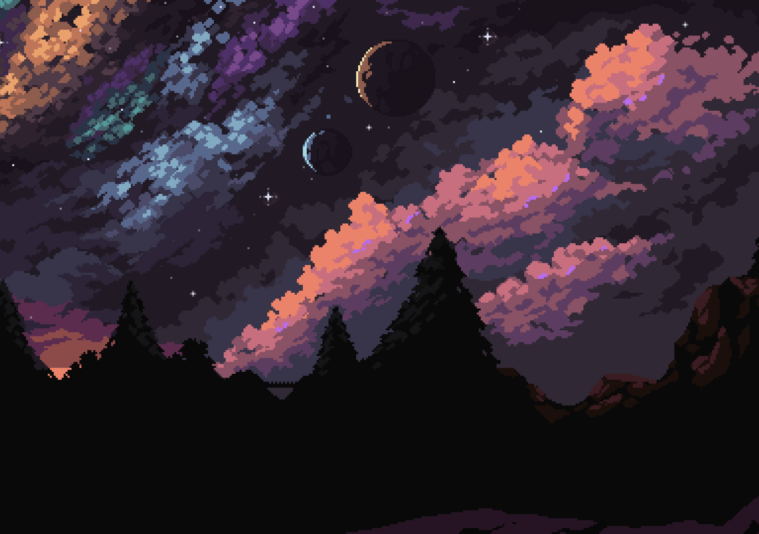 Aesthetic Pixel Art HD 桌布 壁紙 — 黃昏時分的像素藝術風景，剪影樹木、山脈和兩個月亮映襯著充滿活力的紫色、橙色和藍色天空。