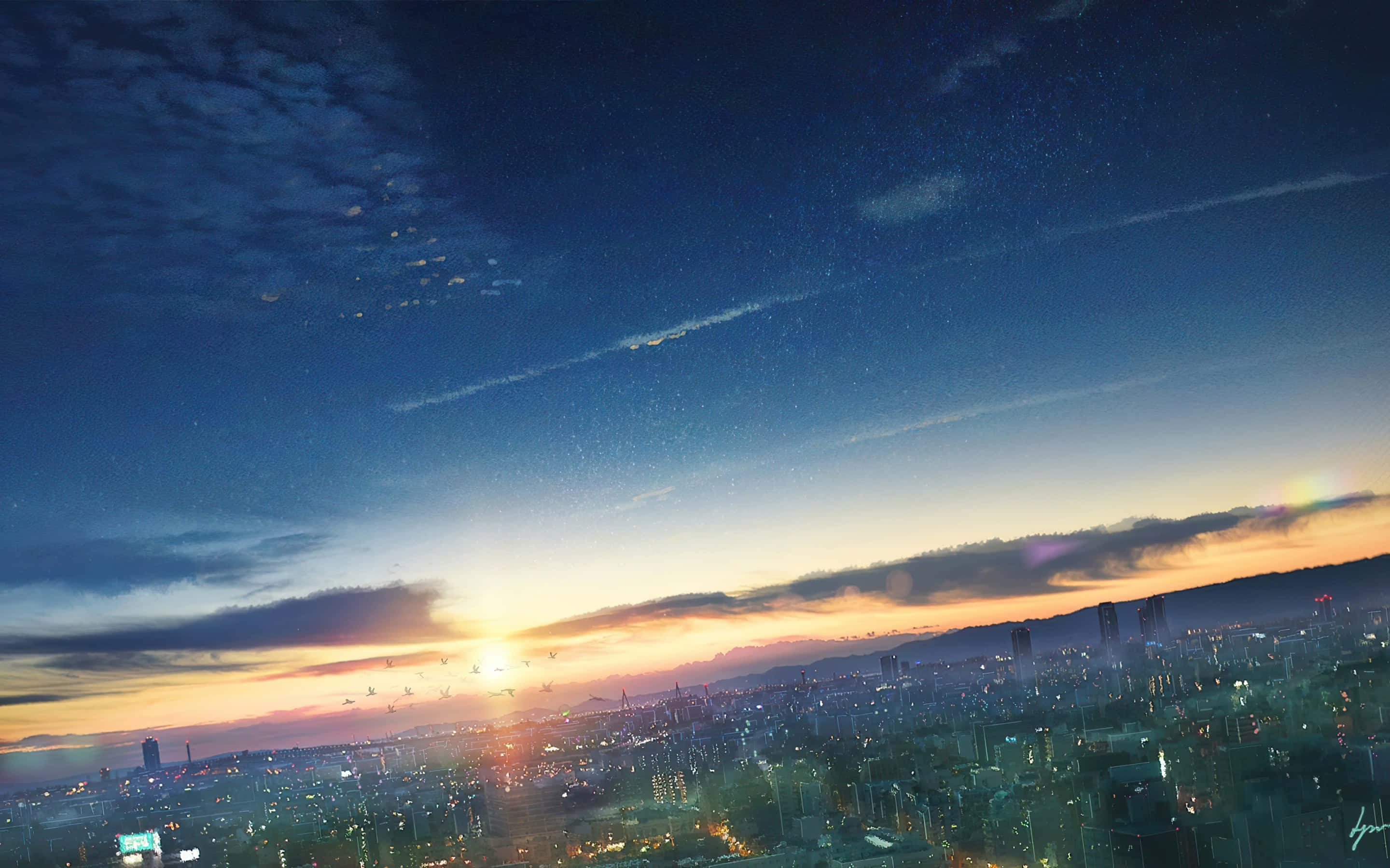 動漫城市 桌布 壁紙 — 黃昏時分的城市景觀，星星在發光的摩天大樓上方出現，一群鳥飛向夕陽。