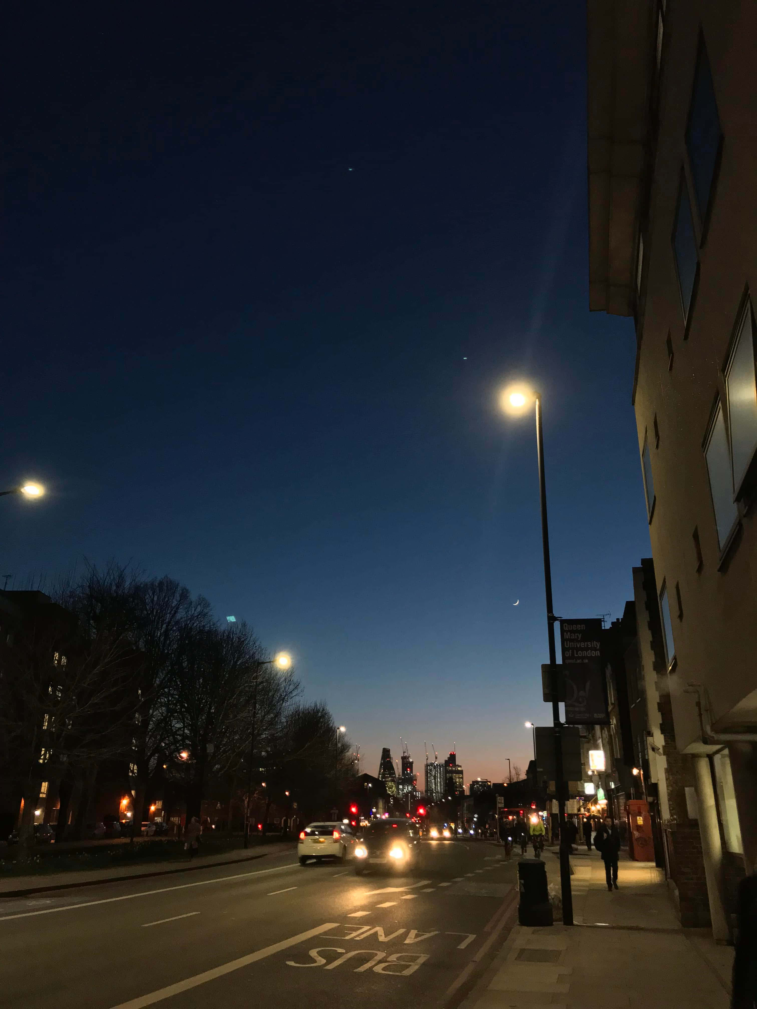 Chilly Night 桌布 壁紙 — 黃昏時分的城市街道，有發光的街燈、汽車，以及光禿禿的樹木和高樓大廈上方的一彎新月。
