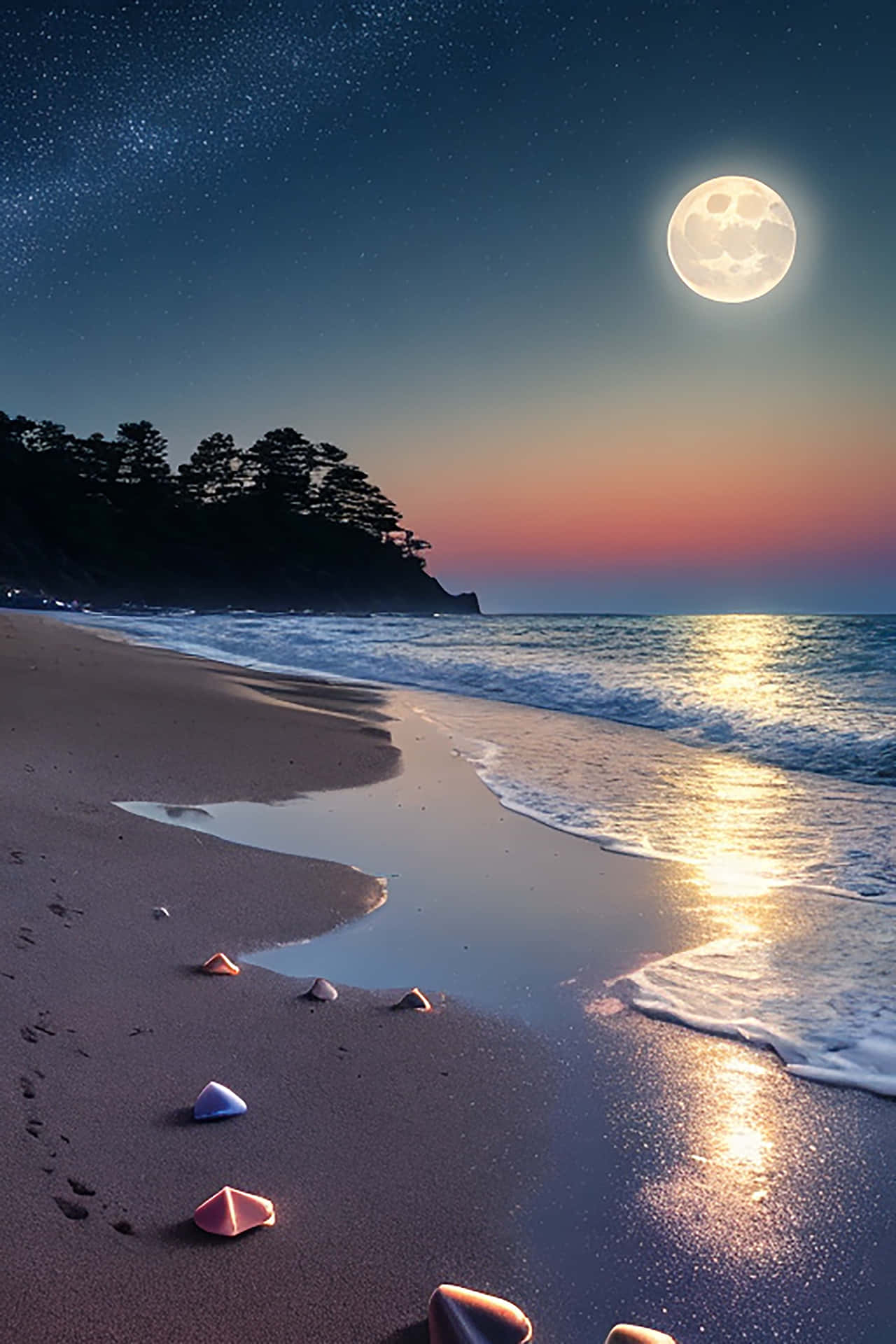 The beach stones, soaked in the moonlight, resemble a natural painting, shining with the serenity of 壁紙 — 黃昏時分的寧靜海灘，明亮的滿月和星空映照在溫柔的海浪上。