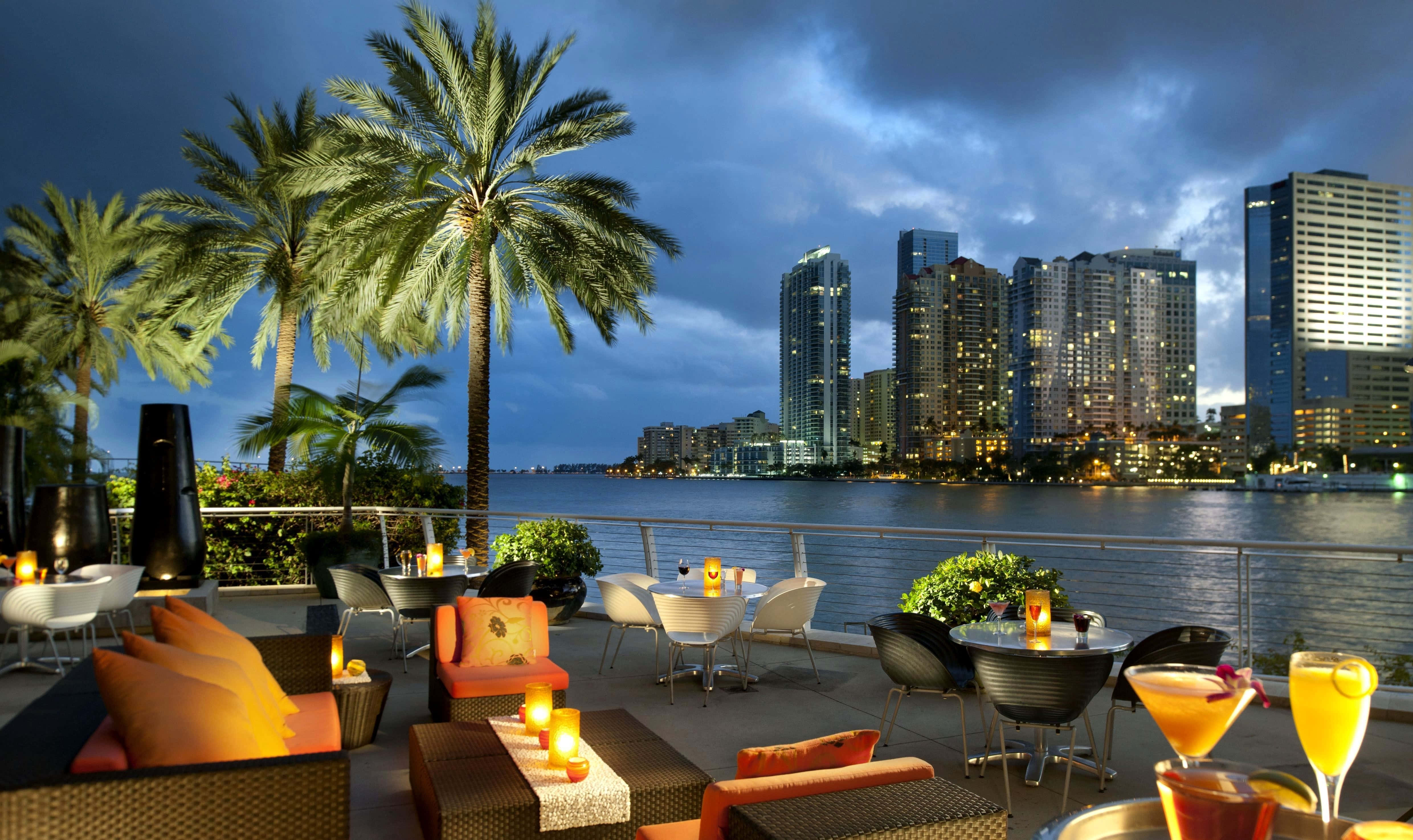 Miami 桌布 壁紙 — 黃昏時分的屋頂酒廊，棕櫚樹和發光雞尾酒，俯瞰水對岸的城市天際線。