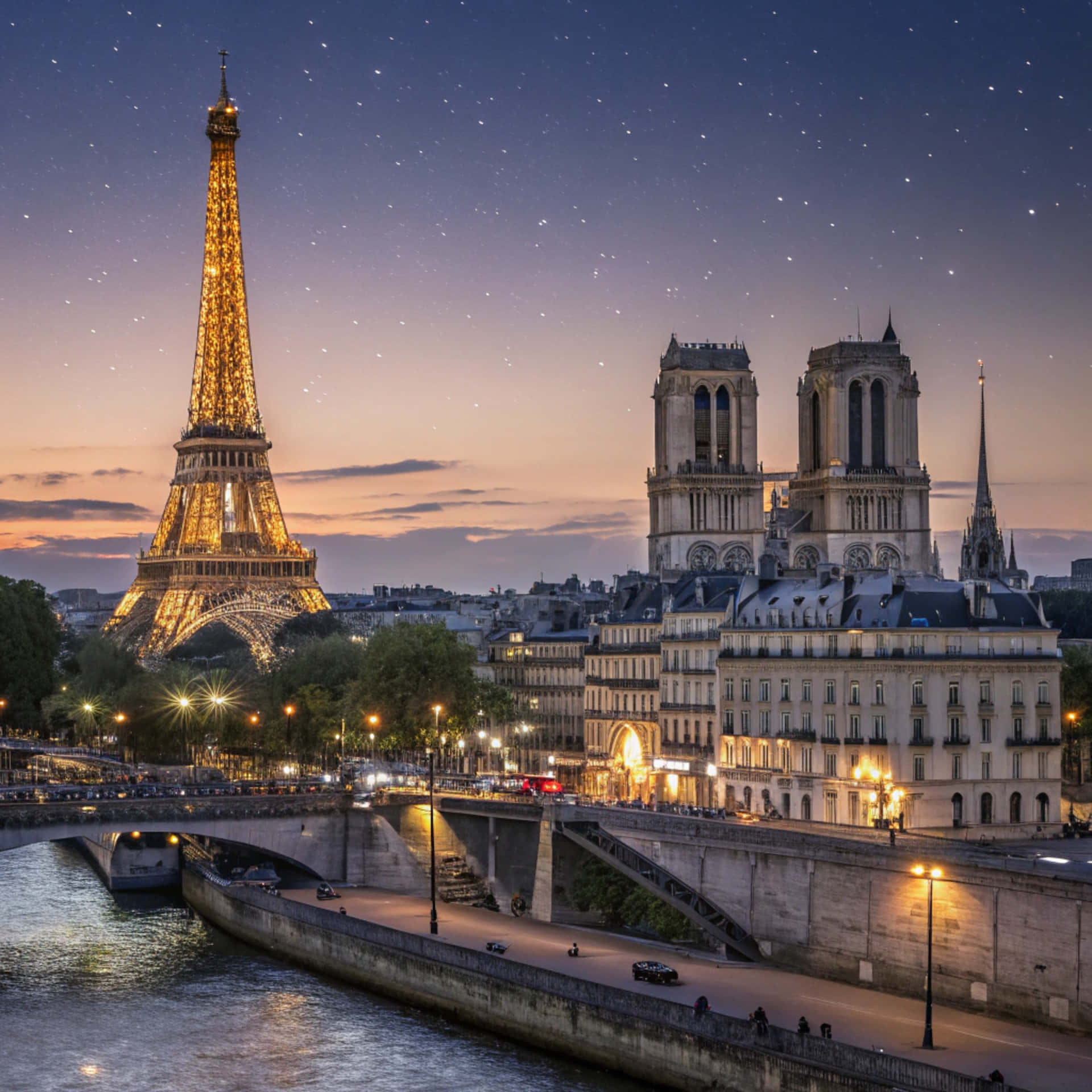 Skyline Paris 壁紙 — 黃昏時分的巴黎天際線，艾菲爾鐵塔閃耀金光，聖母院在星空下巍然聳立。