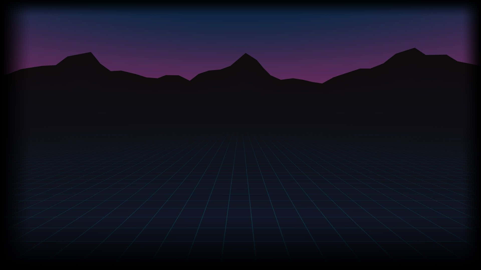 暗色山脈輪廓映襯著紫色黃昏天空，下方是發光的網格地面。 — 復古美學 GIF 壁紙