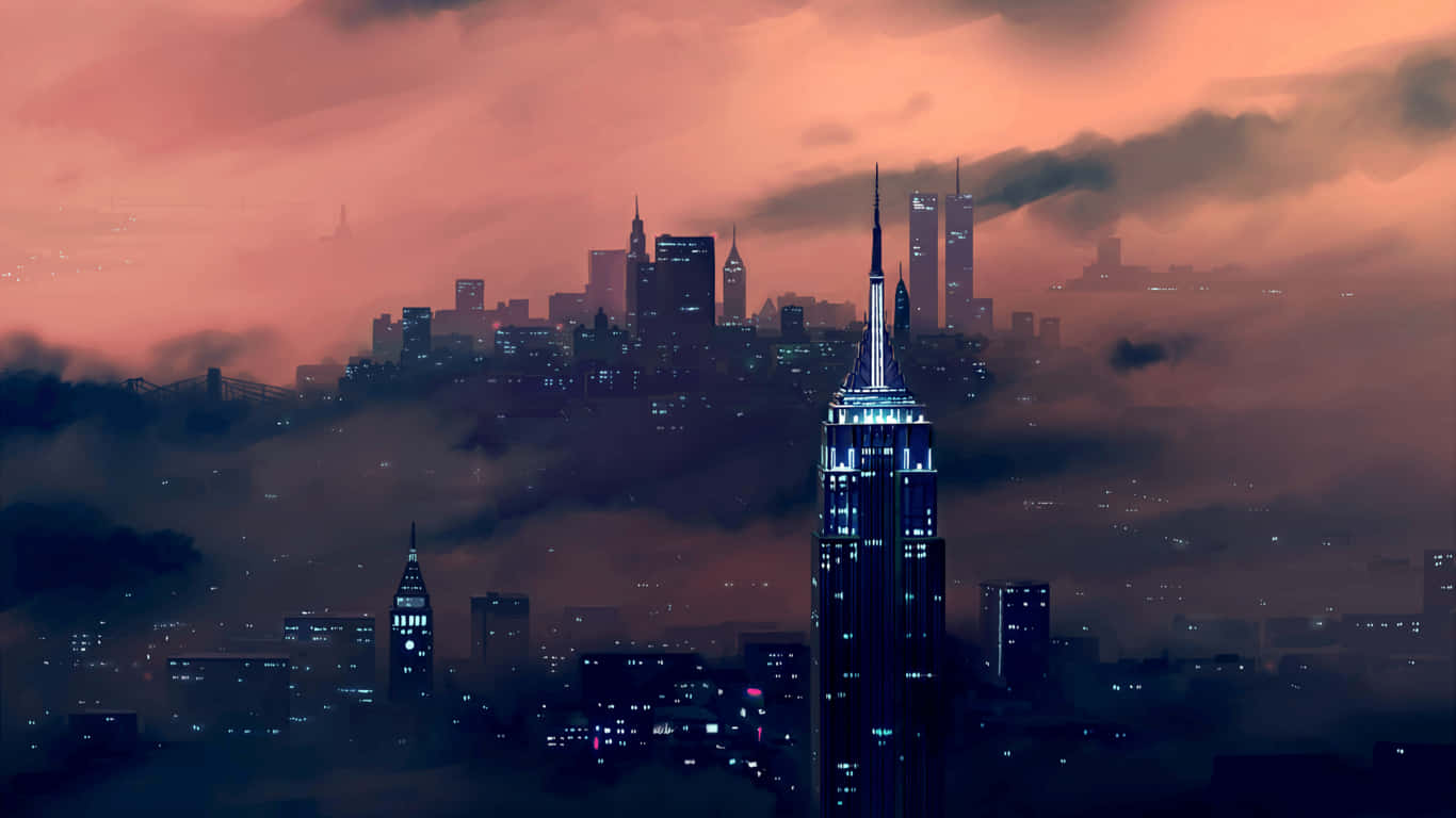 1366x768 Empire State Building 桌布 壁紙 — 黃昏時分的戲劇性城市景觀，摩天大樓在火紅橙色天空下穿透迷霧雲層。
