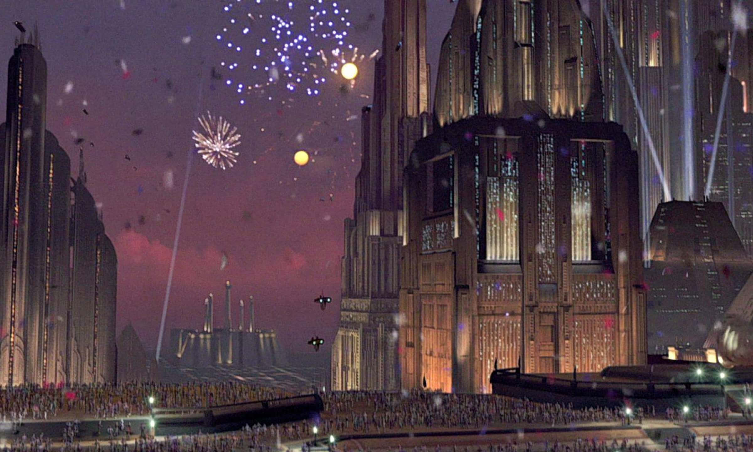 The Coruscant Underworld 桌布 壁紙 — 黃昏時分的未來城市天際線，高聳的建築物被煙火和漂浮的車輛照亮。