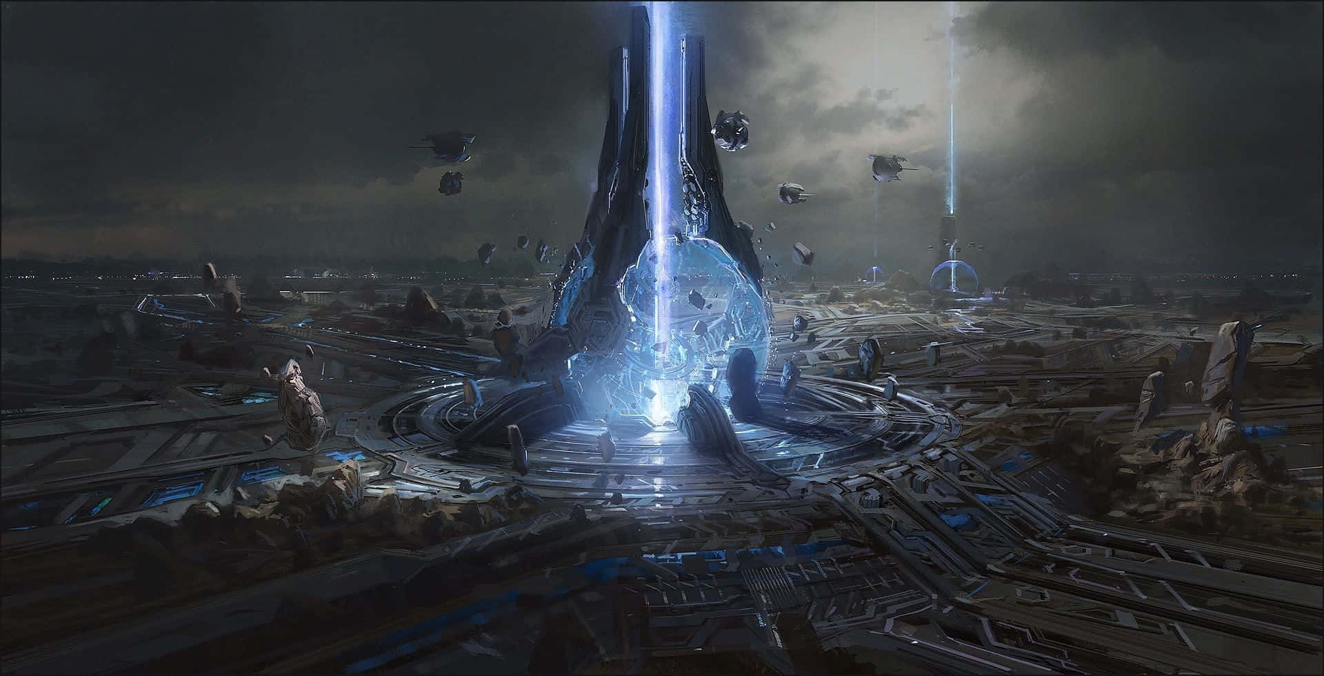 Halo Forerunner 桌布 壁紙 — 黃昏時分的未來城市景觀，一座發光的藍色巨石散發光芒，懸浮車輛在上方盤旋。