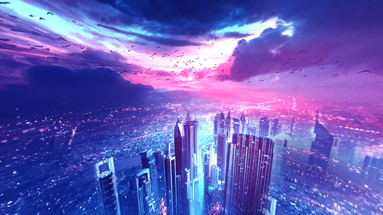 Purple Sky 桌布 壁紙 — 黃昏時分的未來城市景觀，霓虹燈照亮的高樓大廈，在充滿飛鳥的鮮豔紫色和粉紅色天空下。