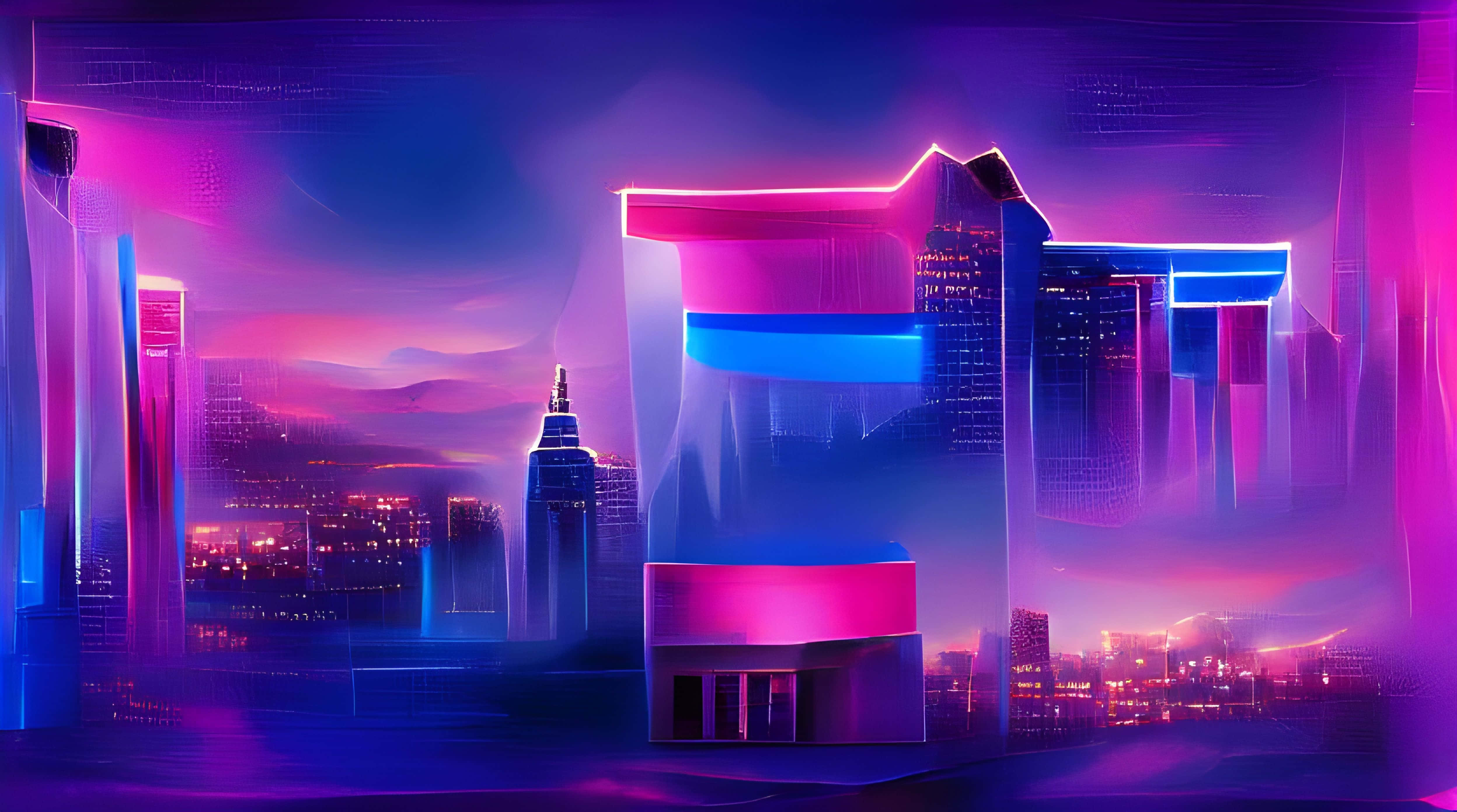 Synthwave City 桌布 壁紙 — 黃昏時分的未來城市景觀，霓虹粉紅和藍色的摩天大樓在朦朧的紫色天空中閃耀。