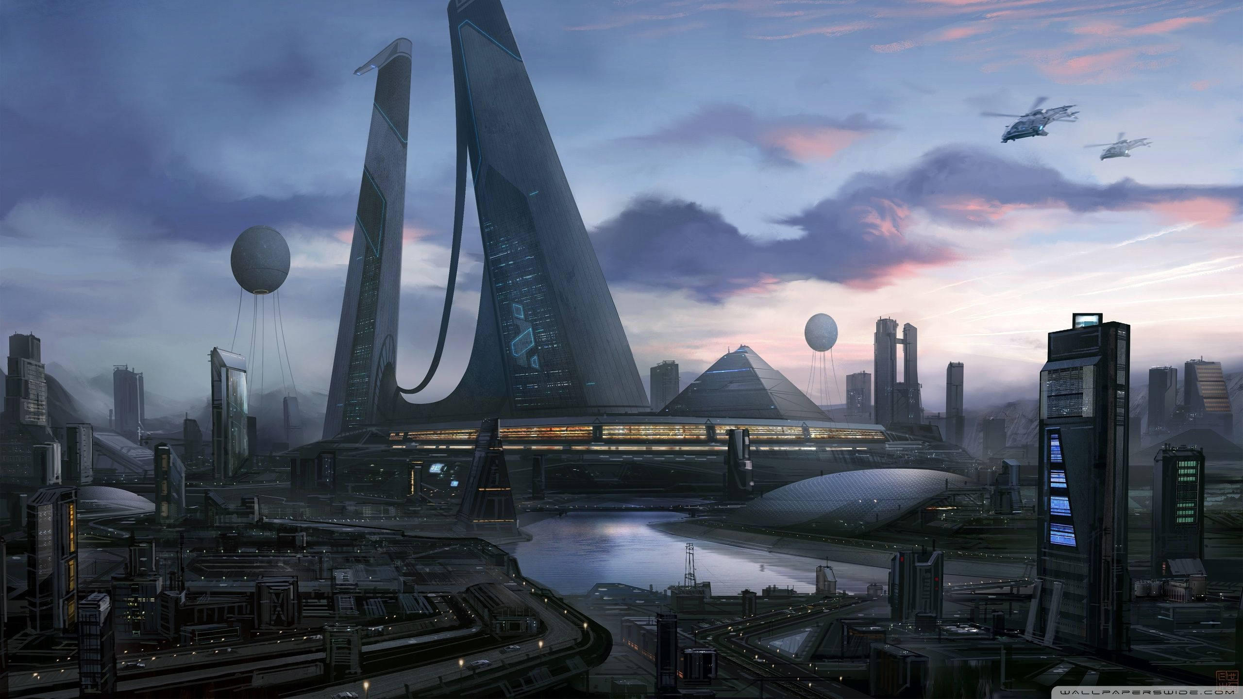 Futuristic City 桌布 壁紙 — 黃昏時分的未來城市景觀，高聳的摩天大樓在紫色和橙色的天空中閃耀。