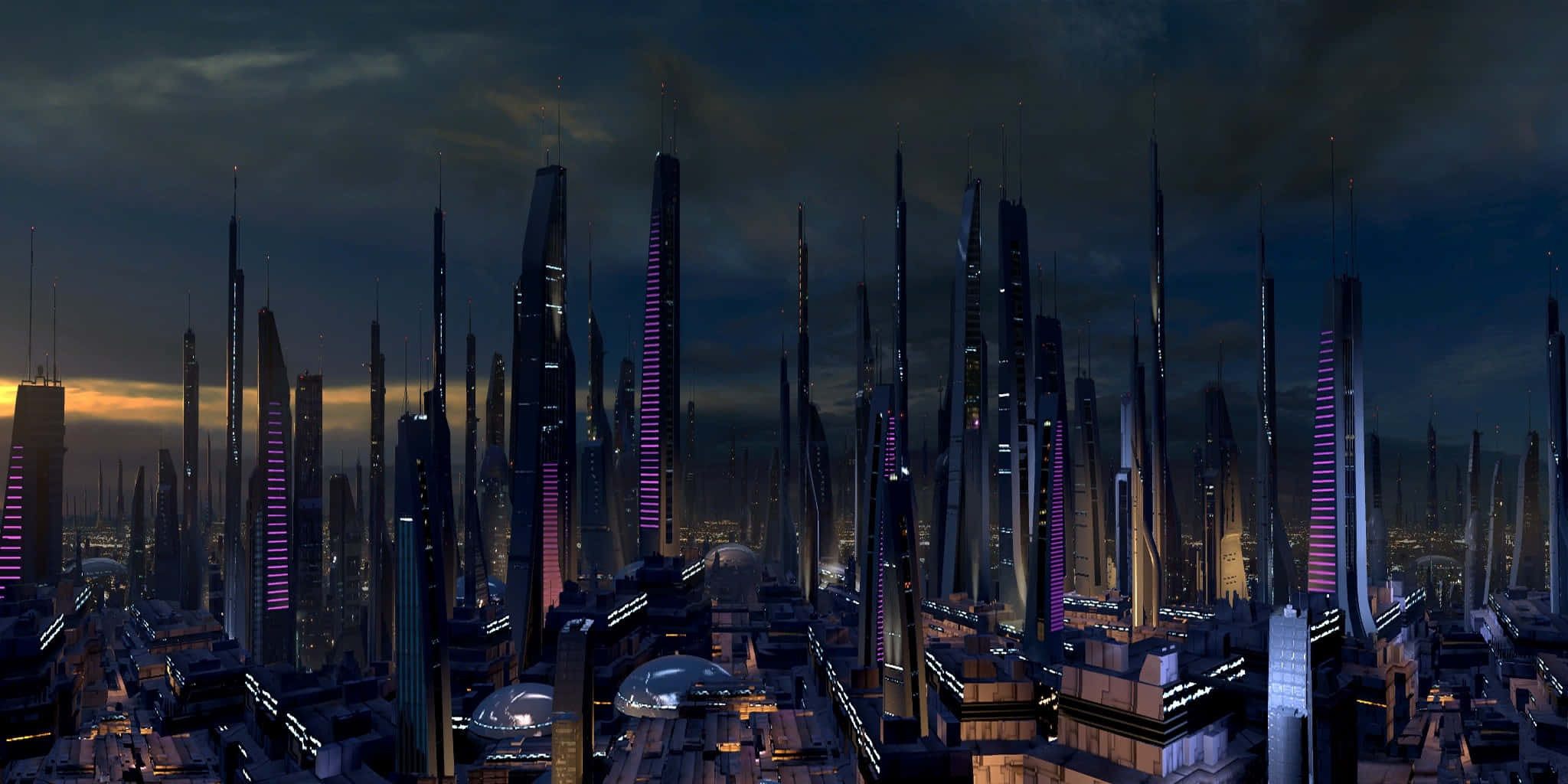 Mass Effect Citadel 桌布 壁紙 — 黃昏時分的未來城市景觀，高聳的摩天大樓在漸暗的天空中閃爍著紫色和橙色的燈光。
