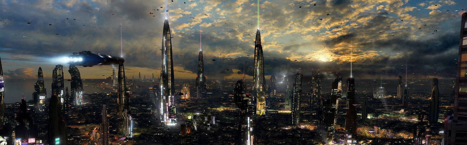 Futuristic City 桌布 壁紙 — 黃昏時分的未來城市景觀，高聳的摩天大樓在充滿飛行車輛的戲劇性多雲天空下閃耀。