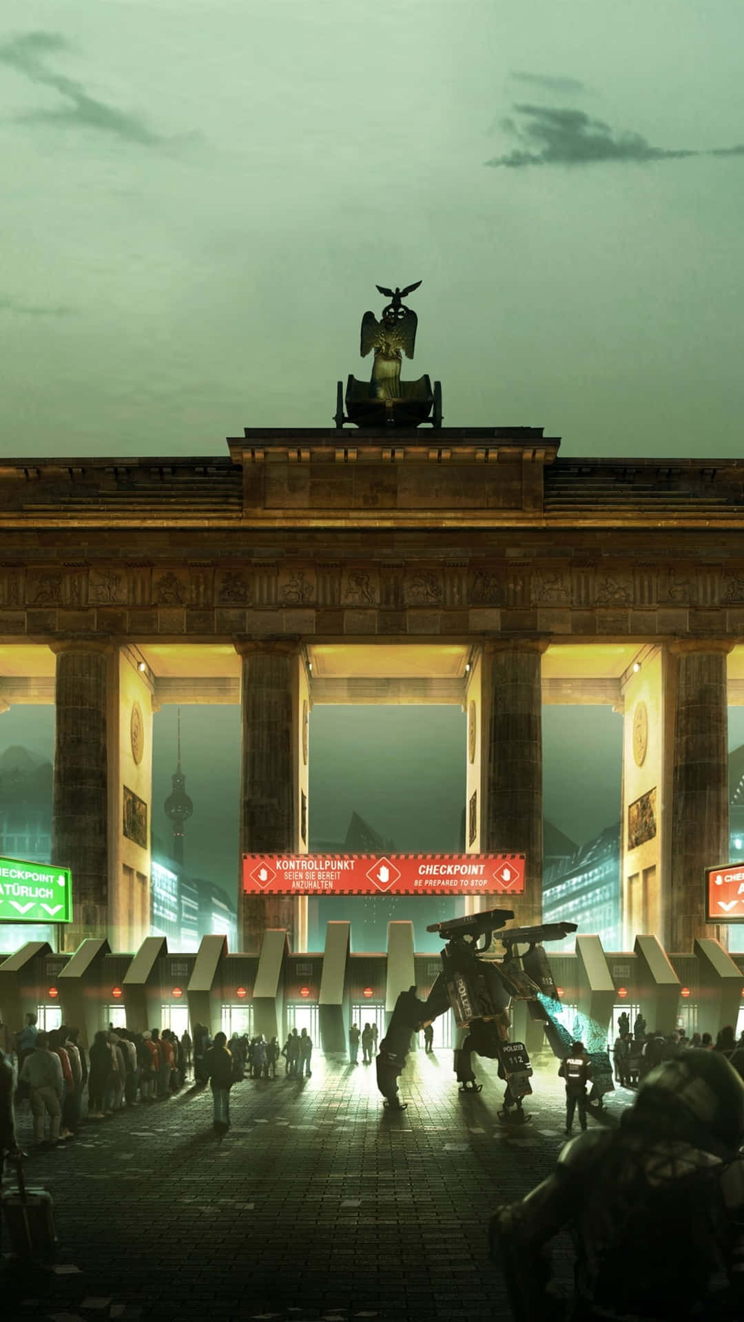 Android Deus Ex Mankind Divided 桌布 壁紙 — 黃昏時分的柏林布蘭登堡門，未來風格，巨型機甲與人群在發光的檢查站標誌下。