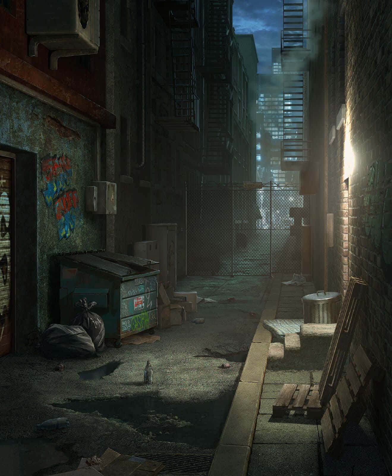 Dark Alleyway 桌布 壁紙 — 黃昏時分的狹窄城市小巷，有塗鴉牆壁、垃圾桶和單一燈光，在磚砌建築之間投下長長的陰影。