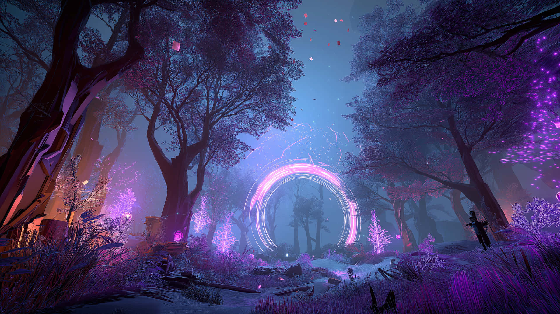 Enchanted Cybernetic Forest with Radiant Gateway 壁紙 — 黃昏時分的神秘森林，有發光的紫色樹木和一個散發閃爍粒子的明亮粉紅色傳送門。