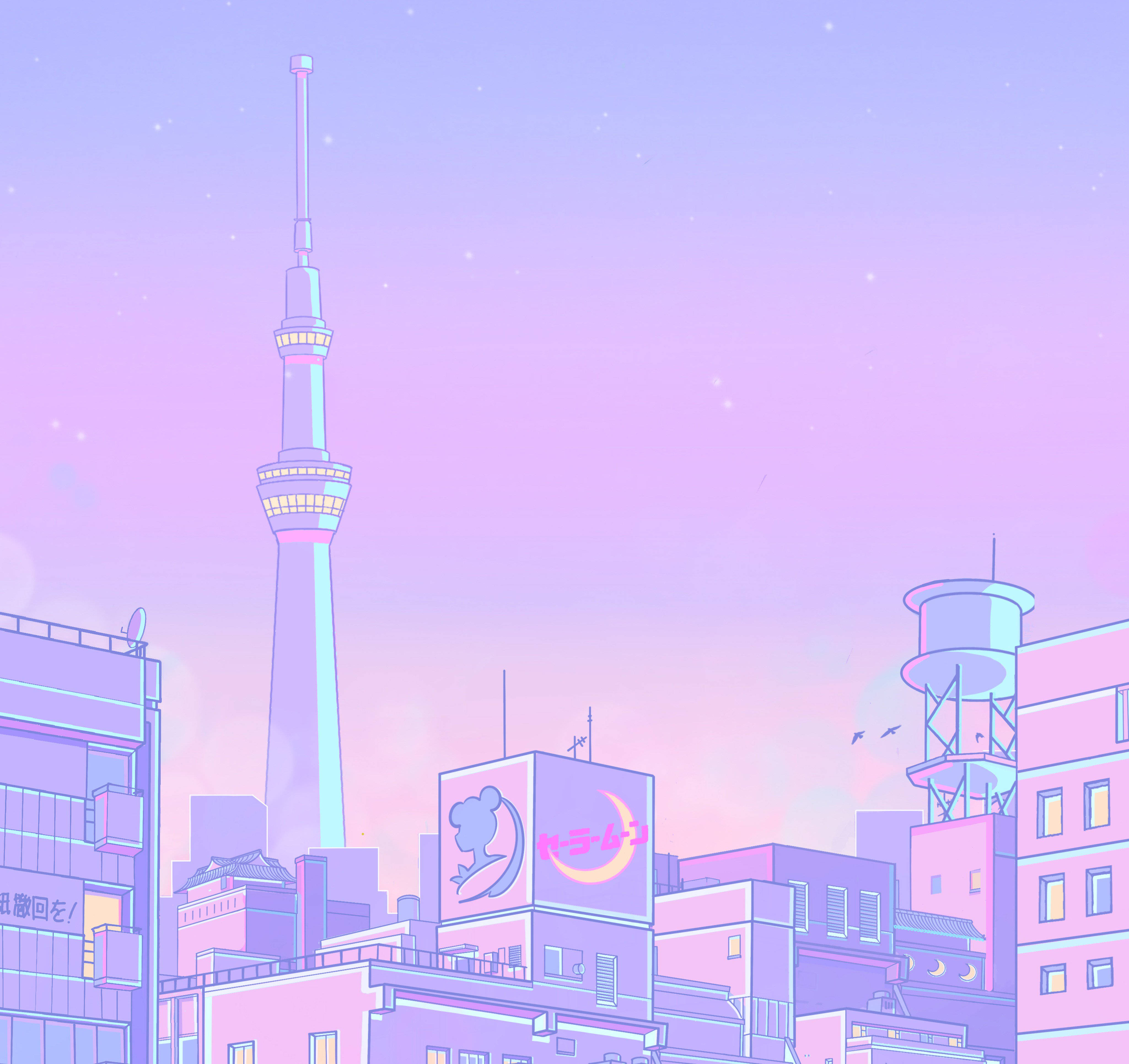 Japanese Aesthetic HD 桌布 壁紙 — 黃昏時分的粉彩動畫城市景觀，星空下聳立的廣播塔和發光的建築物。