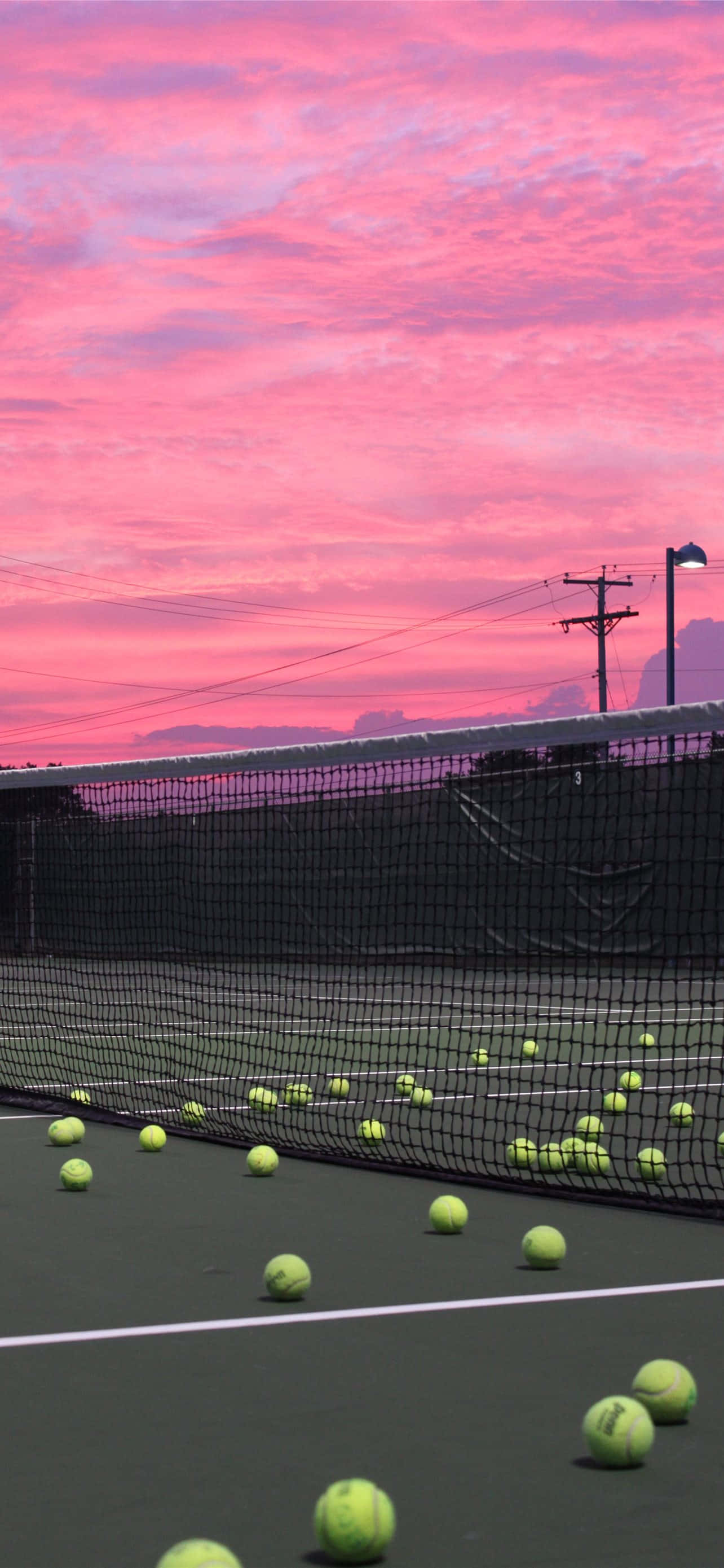 Tennis Ball 桌布 壁紙 — 黃昏時分的網球場，在鮮豔的粉紅色和紫色天空下散落著亮綠色的球。
