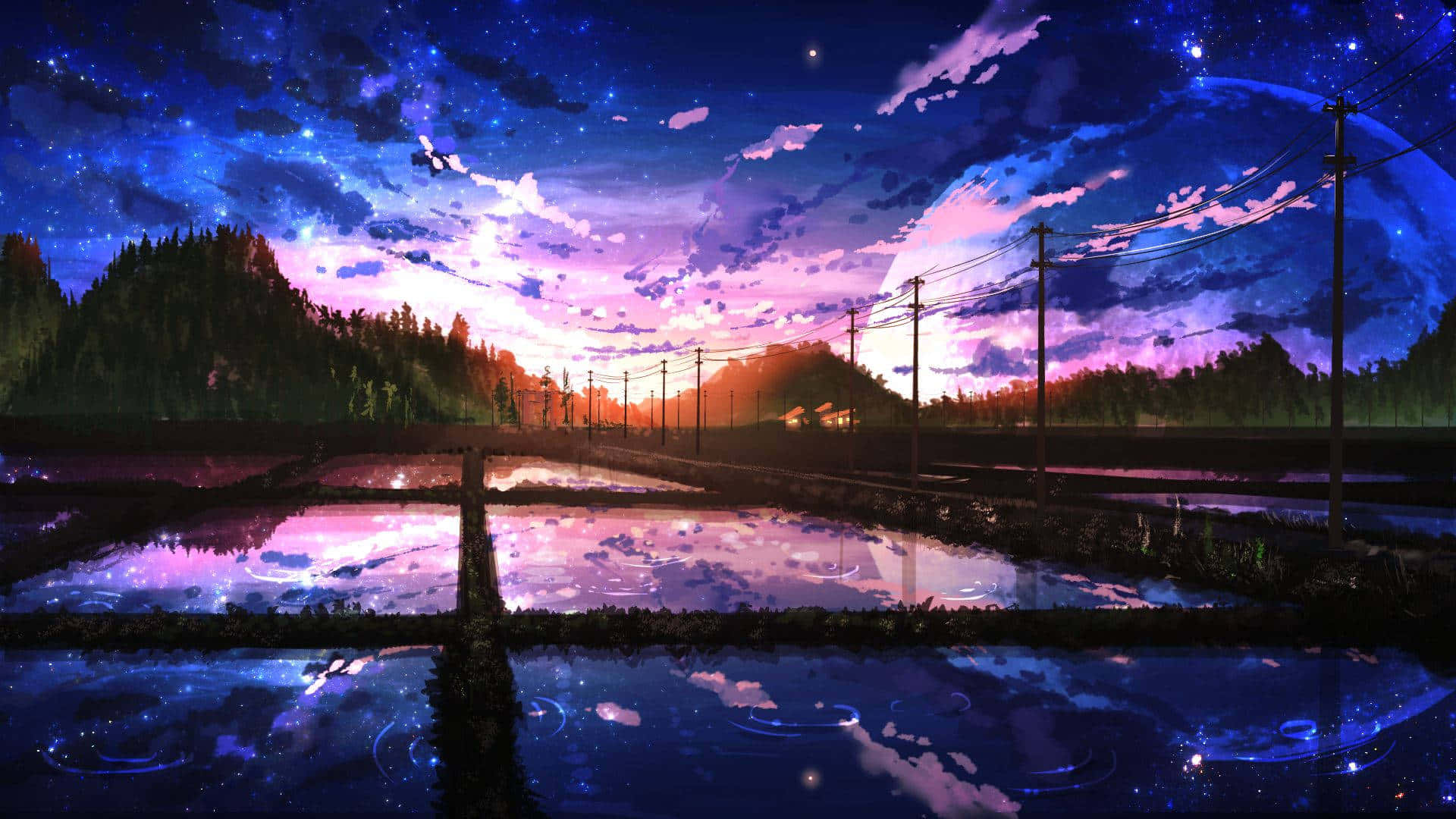 Farmland 桌布 壁紙 — 黃昏時分的超現實動漫風景，星空倒映在被淹沒的稻田和遠處的森林山丘上。