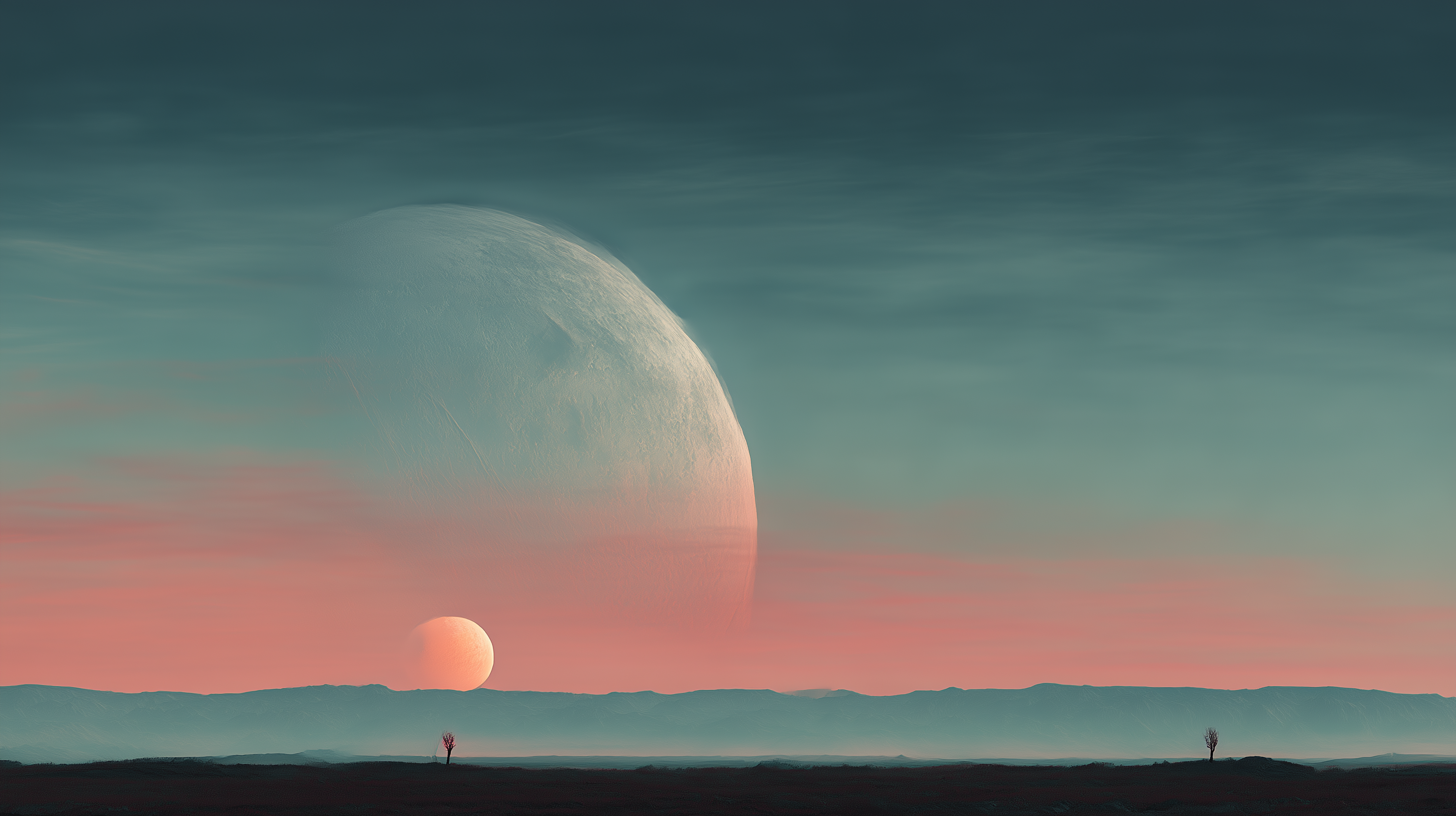 Surreal Art 桌布 壁紙 — 黃昏時分的超現實外星景觀，一輪巨大的蒼白月亮在一個較小的發光球體後面升起，越過遠山和兩棵孤獨的樹。