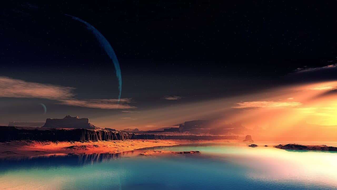 720p Nature 桌布 壁紙 — 黃昏時分的超現實外星景觀，發光的水面反射出巨大的藍色新月和遠處的平頂山，星空下。