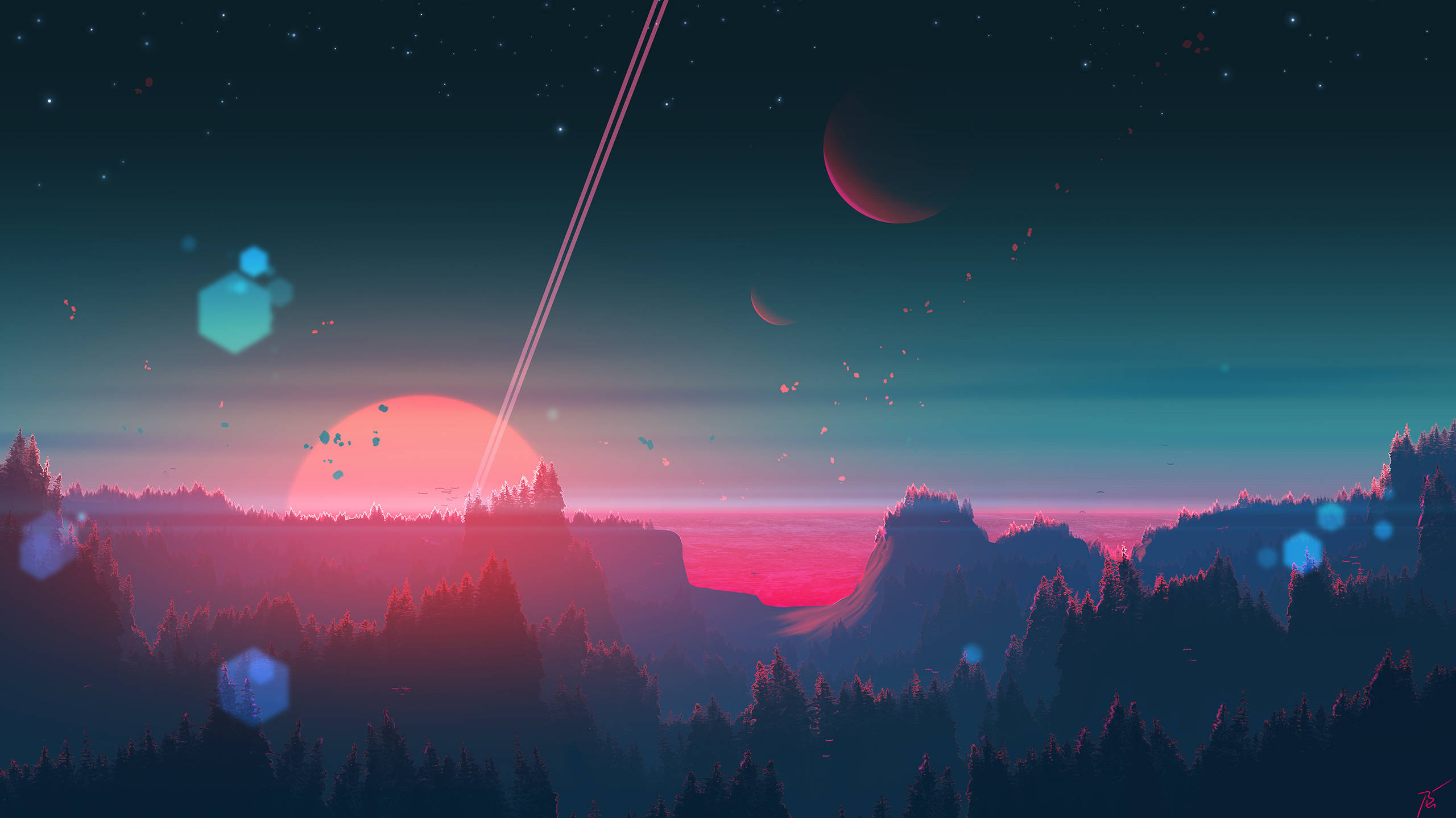 HD Design 桌布 壁紙 — 黃昏時分的超現實外星景觀，發光的粉紅色太陽漂浮在鋸齒狀山脈上方，星空中有發光的六邊形粒子。