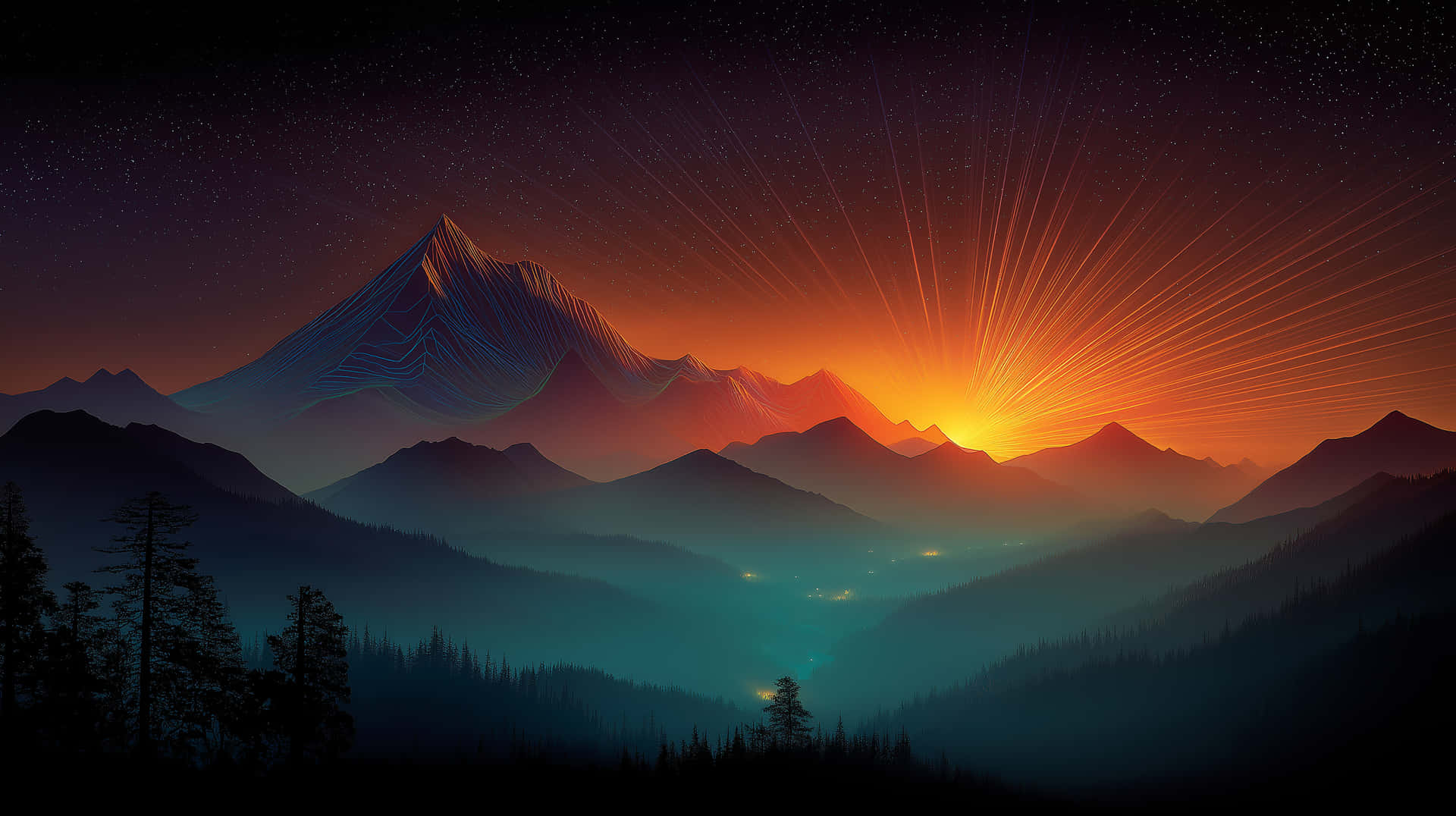 Cosmic Mountain Dawn with Vibrant Lightburst 壁紙 — 黃昏時分的超現實山脈，耀眼的橙色陽光穿透繁星點點的紫色天空，照耀在霧氣瀰漫的山谷上。