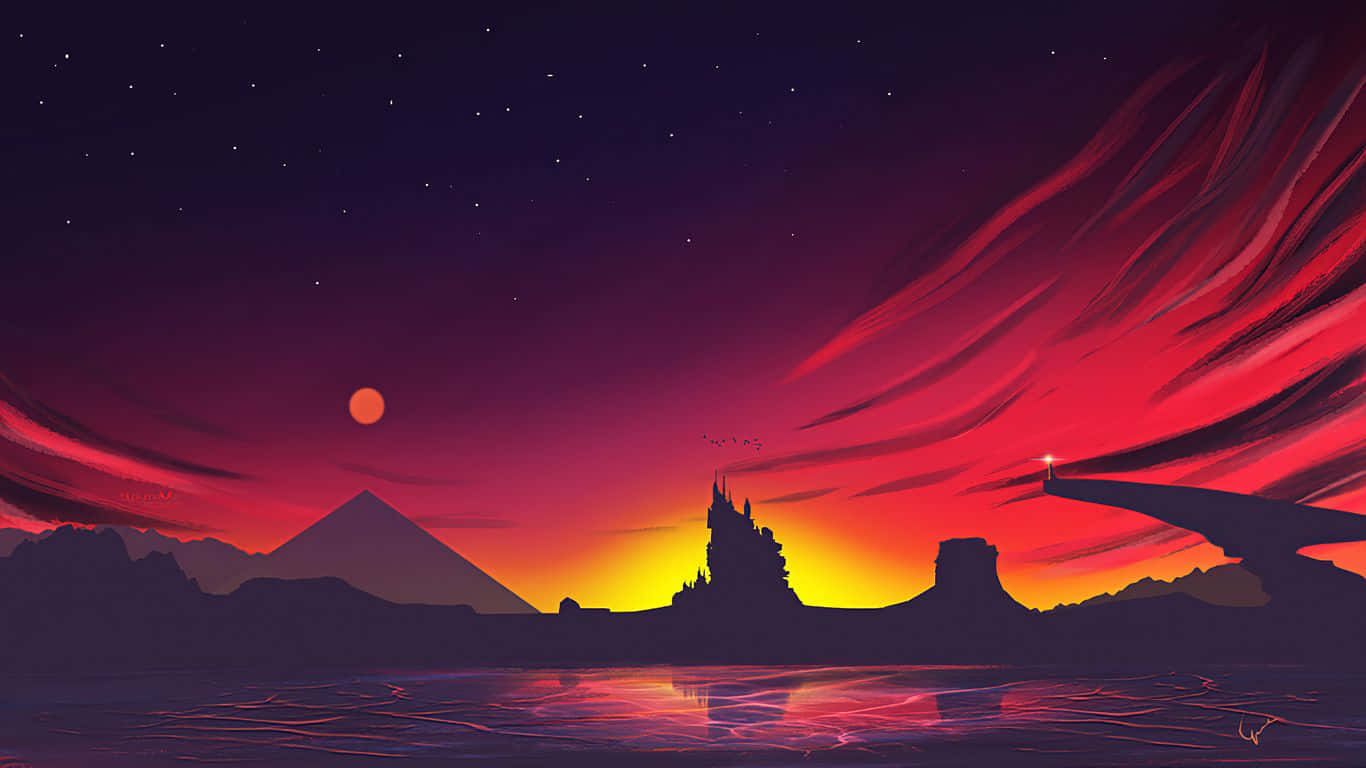 1366x768 Minimalist 桌布 壁紙 — 黃昏時分的超現實數位風景，發光的太陽、剪影城堡和金字塔，以及水中倒映的熾熱紅雲。