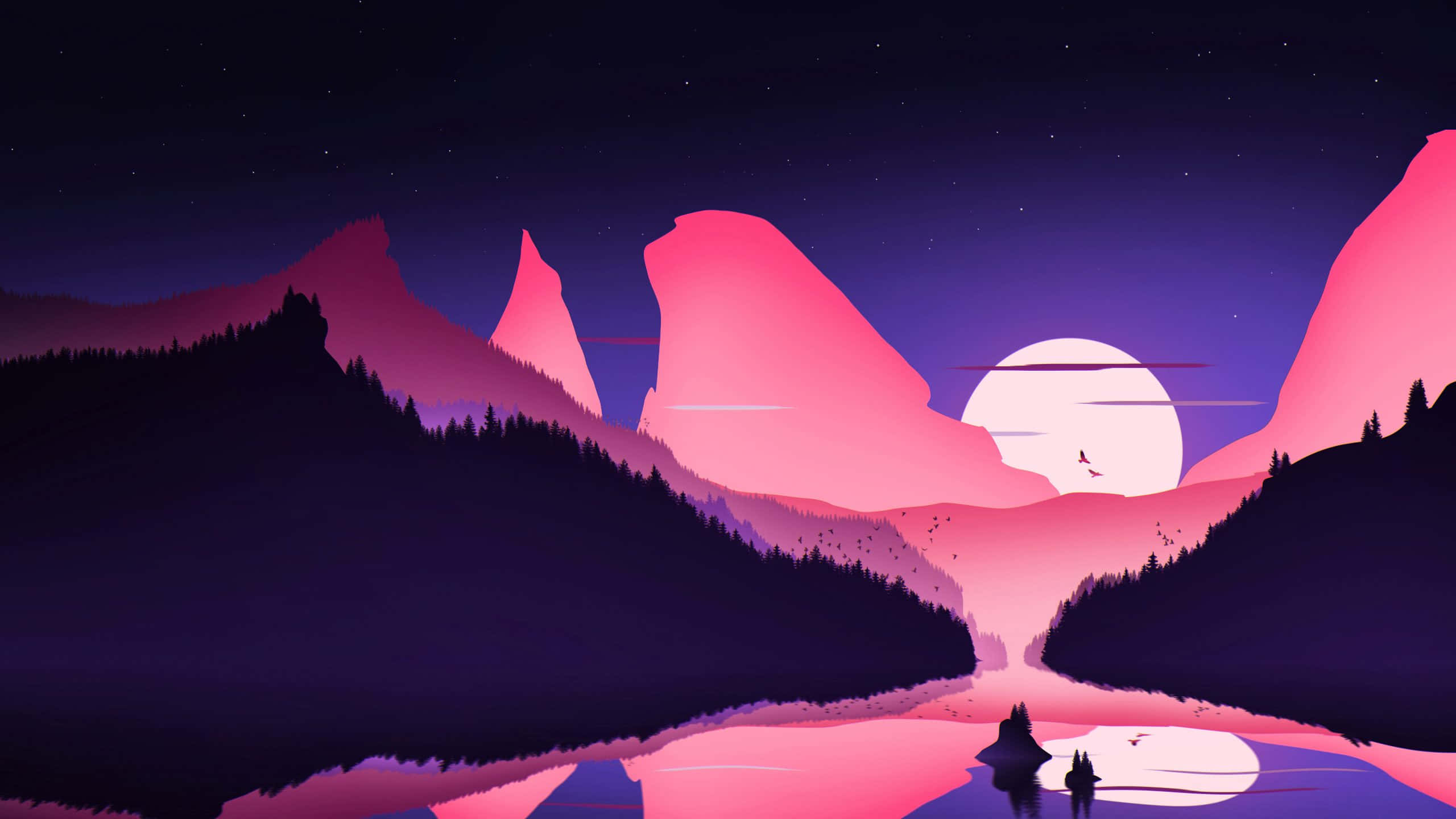 山景 桌布 壁紙 — 黃昏時分的超現實數位風景，粉紅色的山脈在平靜的湖面上倒映，一輪發光的月亮高掛天空。