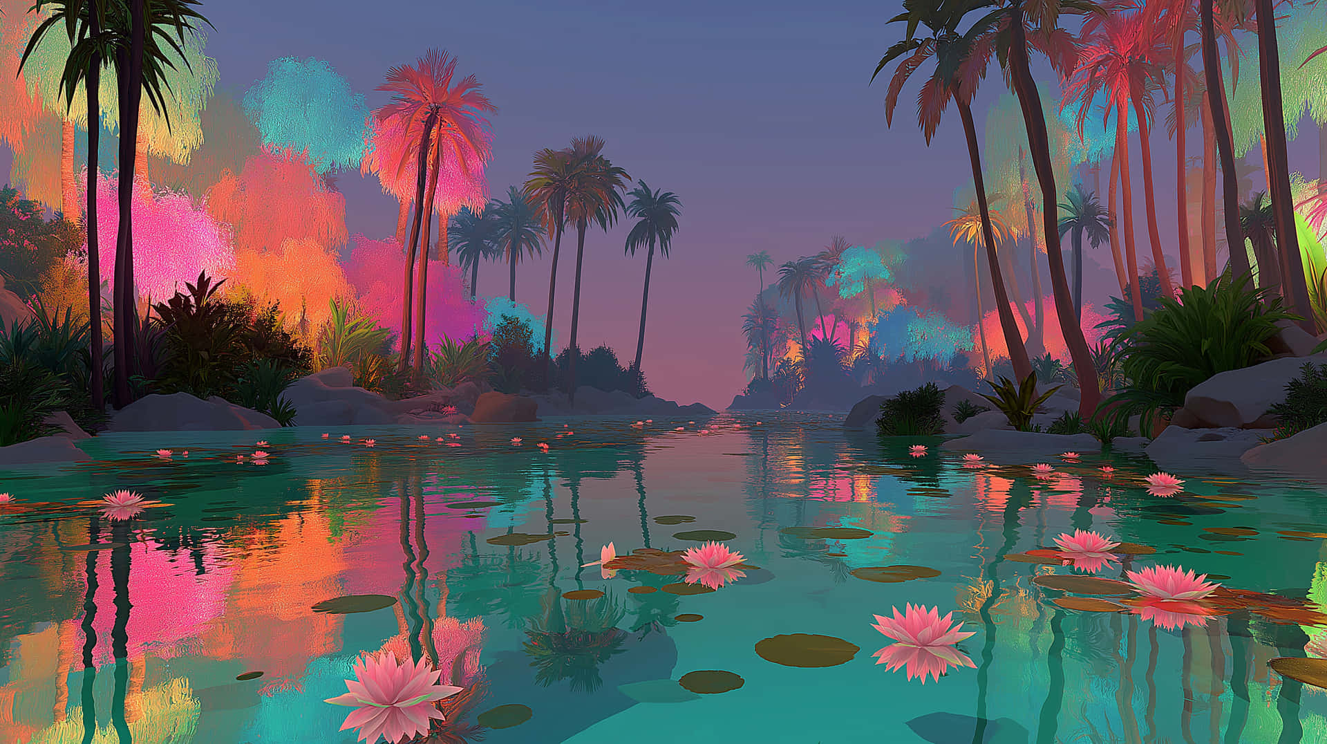 Enchanted Lagoon with Bioluminescent Flora at Twilight 壁紙 — 黃昏時分的超現實熱帶沼澤，發光的粉紅色蓮花漂浮在藍綠色水面上，周圍環繞著沐浴在霓虹粉紅、橙色和藍綠色光線中的棕櫚樹。