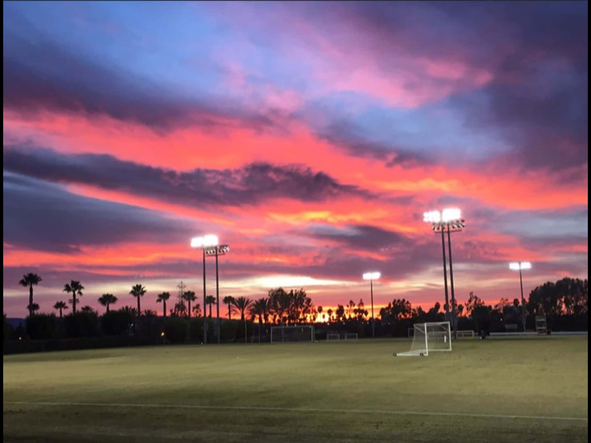 Soccer Aesthetic 桌布 壁紙 — 黃昏時分的足球場，天空呈現鮮豔的粉紅、紫色和橙色，有棕櫚樹和亮起的體育場燈光。