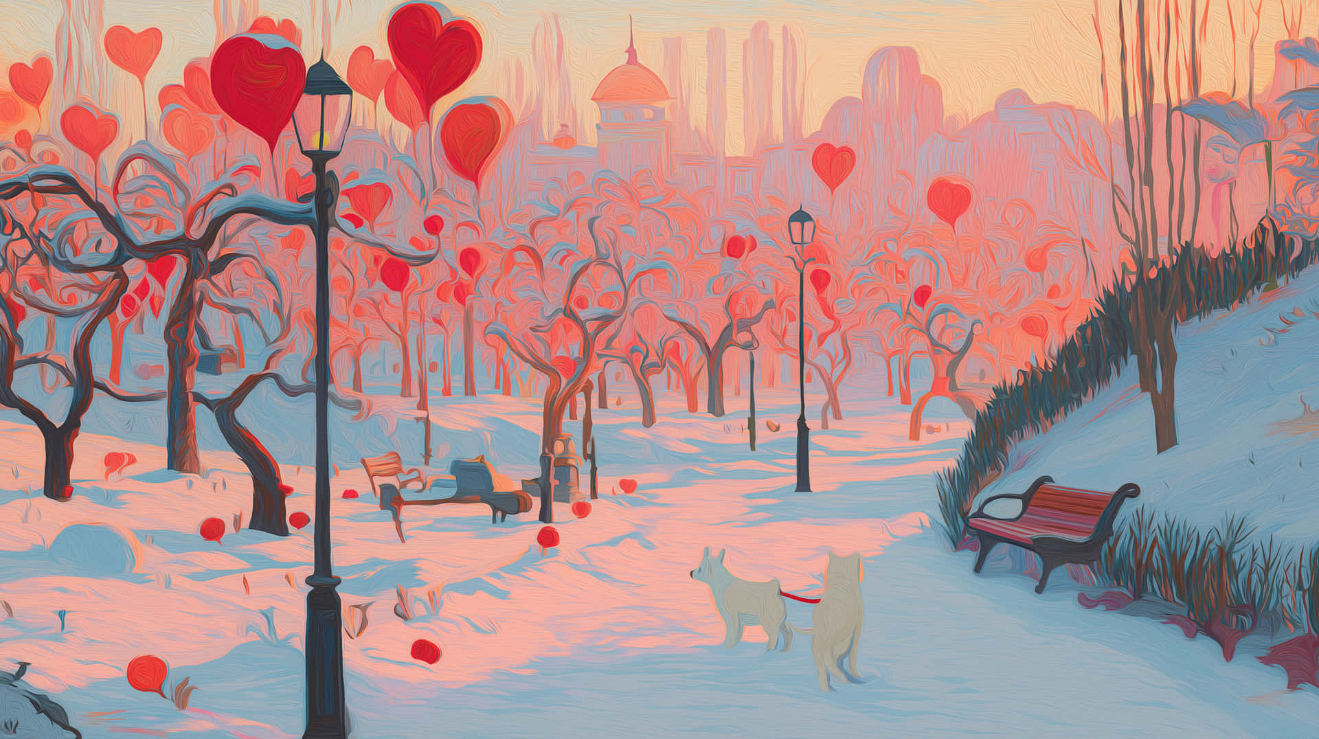 Joyful Winter Park Scene with Hearts and Dogs 壁紙 — 黃昏時分的雪地公園，光禿禿的樹木點綴著漂浮的紅色心形，兩隻白狗在小徑上行走。