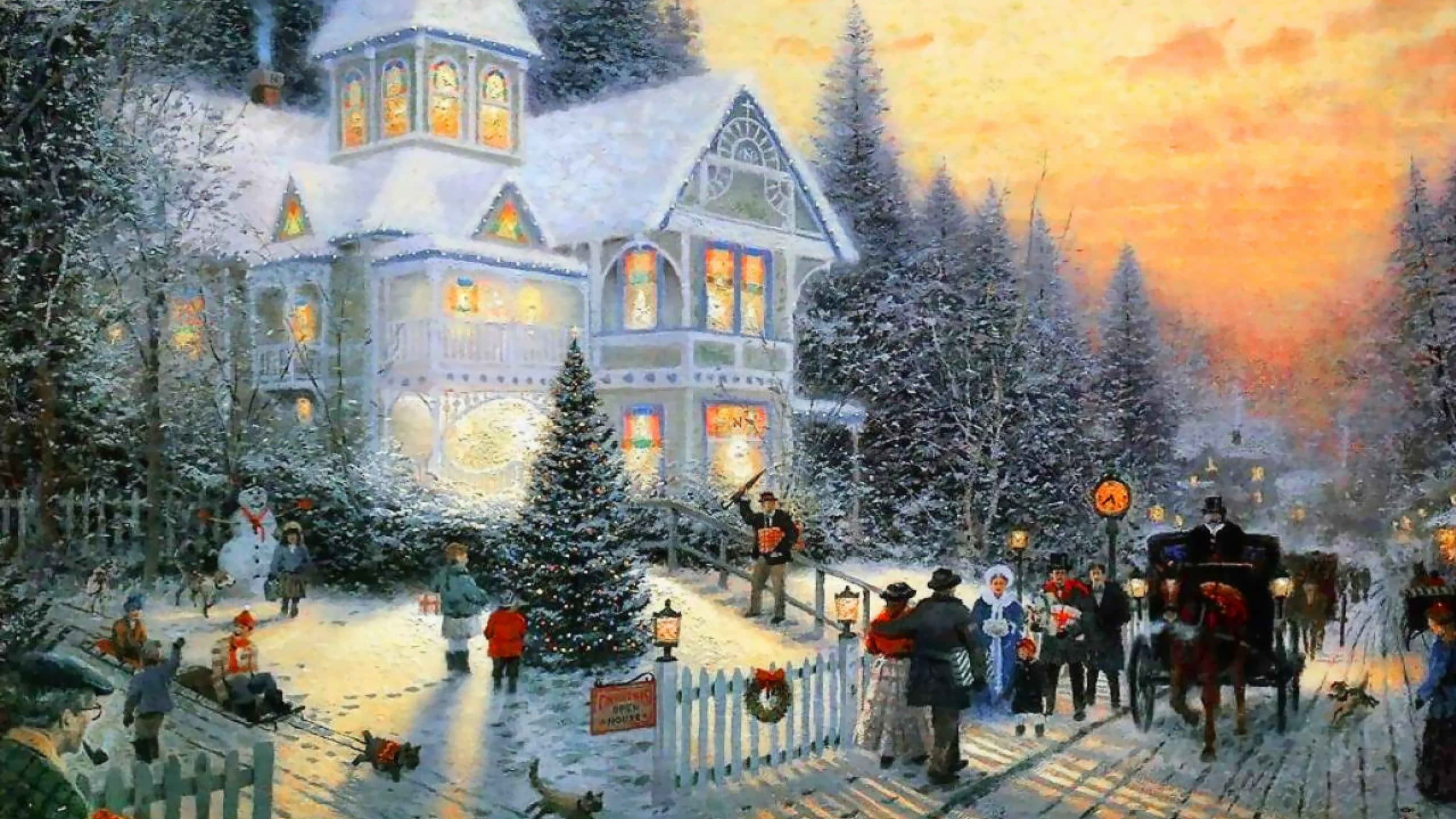 1920x1080 HD Christmas 桌布 壁紙 — 黃昏時分的雪村，溫暖照亮的維多利亞式房屋、人們、馬車和雪人。