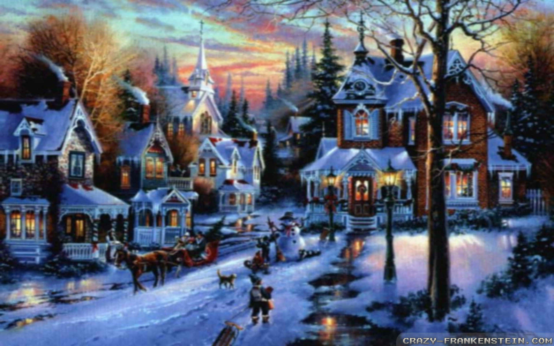 Christmas Village 桌布 壁紙 — 黃昏時分的雪村，溫暖燈光照耀的維多利亞式房屋，馬拉雪橇，以及孩子們在雪人附近玩耍。
