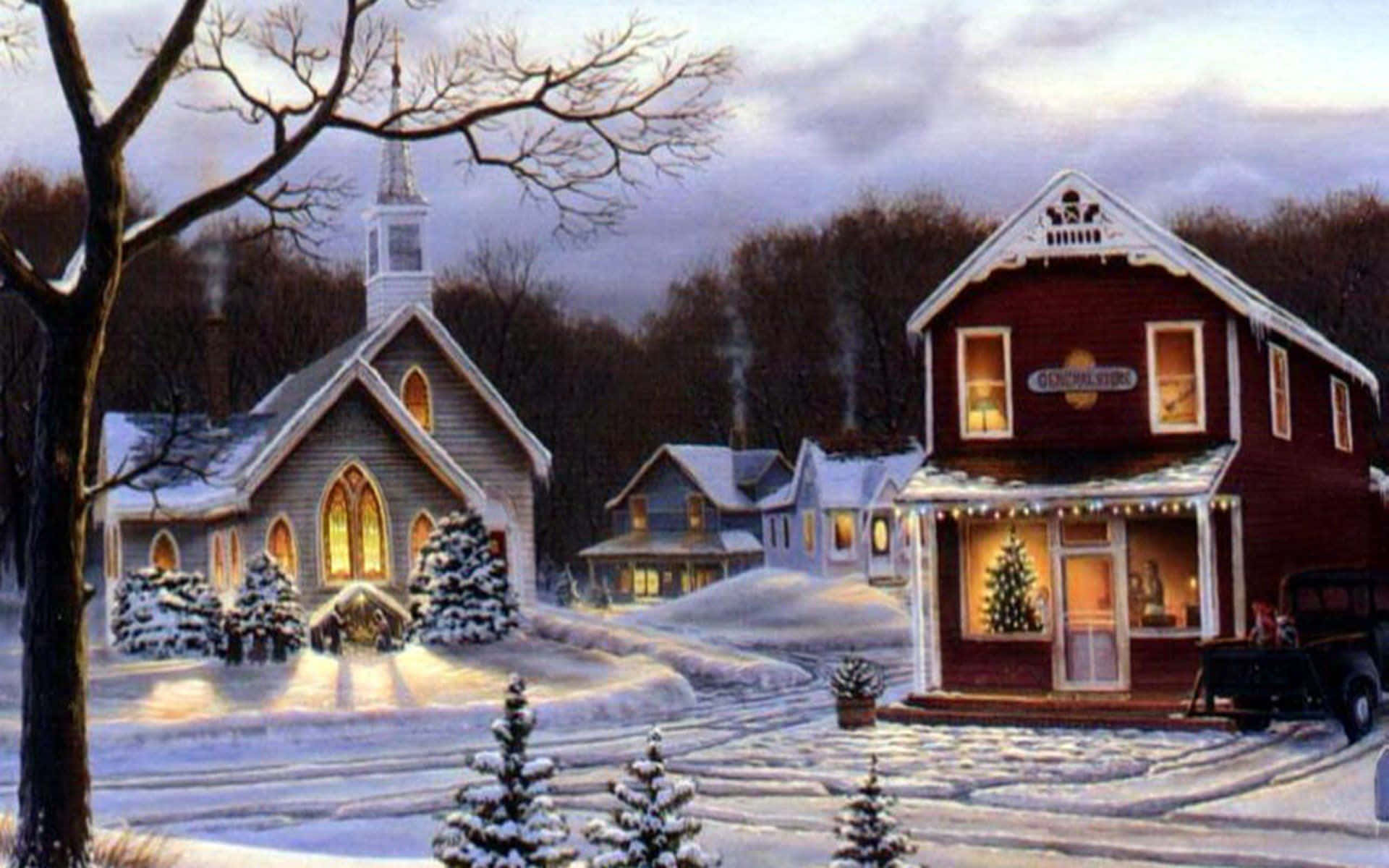 Snowy Village 桌布 壁紙 — 黃昏時分的雪村景色，一座燈火通明的教堂和紅色雜貨店，周圍是光禿禿的樹木和白雪覆蓋的常青樹。