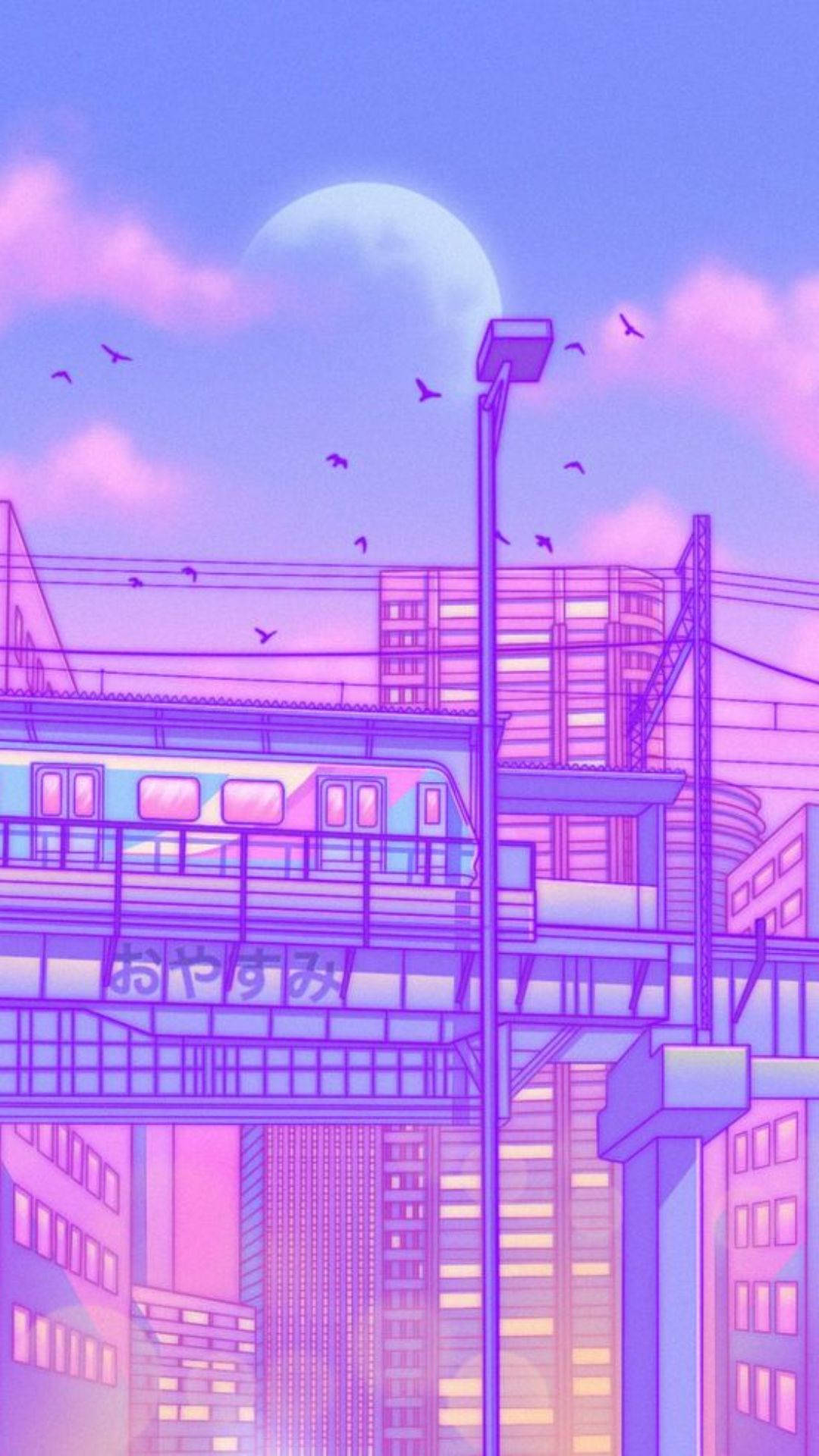 霓虹紫 iPhone 桌布 壁紙 — 黃昏時分的霓虹粉紅和紫色動漫風格城市景觀，一輪明月，鳥兒飛過高架列車，列車穿過摩天大樓。