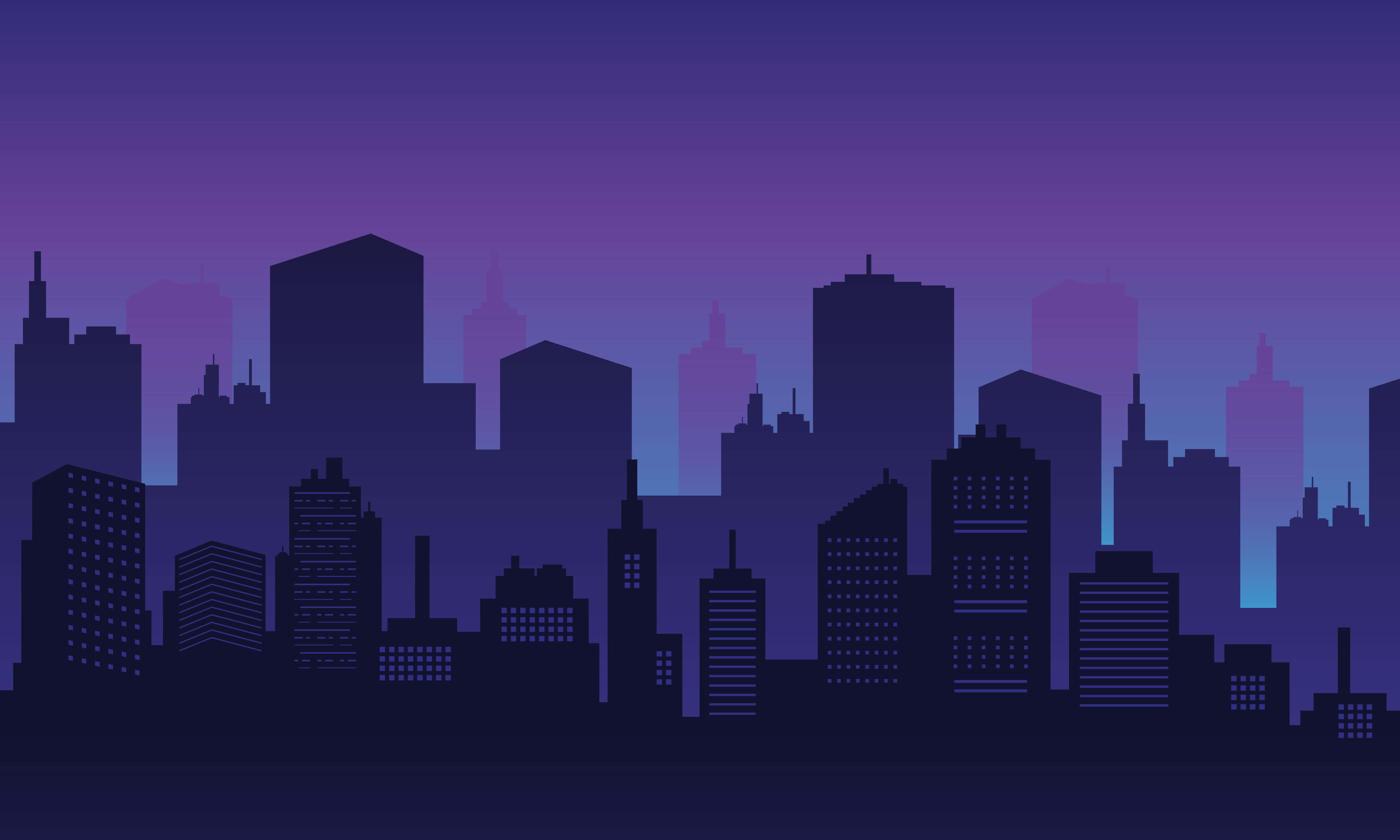 夜景城市 桌布 壁紙 — 黃昏時分的風格化城市天際線，深紫色和藍色漸變融入摩天大樓的黑暗剪影。