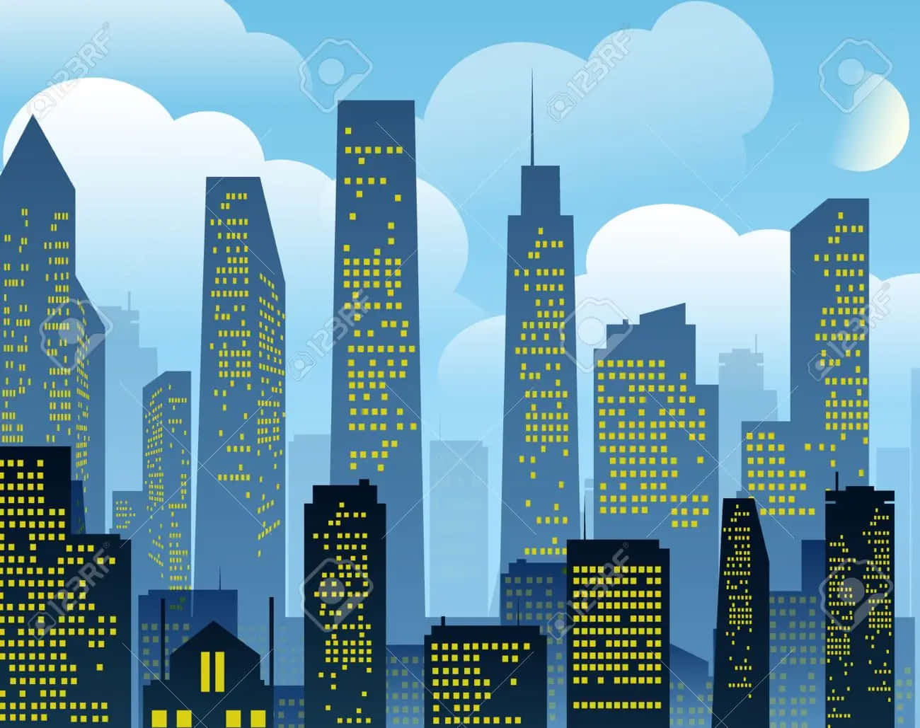 Cartoon City 桌布 壁紙 — 黃昏時分的風格化城市景觀，高聳的摩天大樓在柔和的藍天和蓬鬆的雲朵映襯下閃爍著黃色燈光。