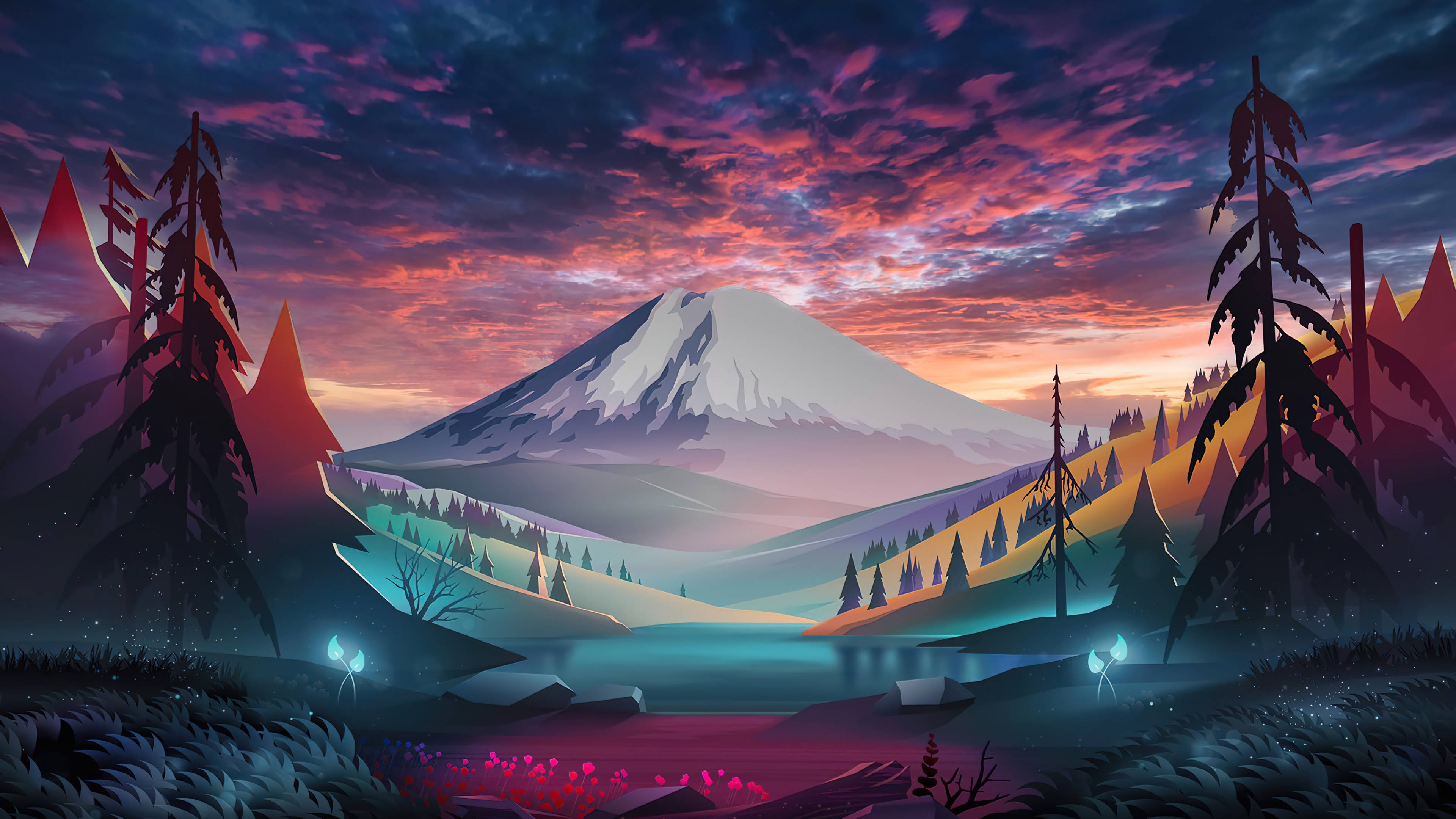桌布 壁紙 — 黃昏時分的風格化山景，充滿活力的紫色、橙色和青色天空倒映在平靜的湖面上，周圍是松樹的剪影。