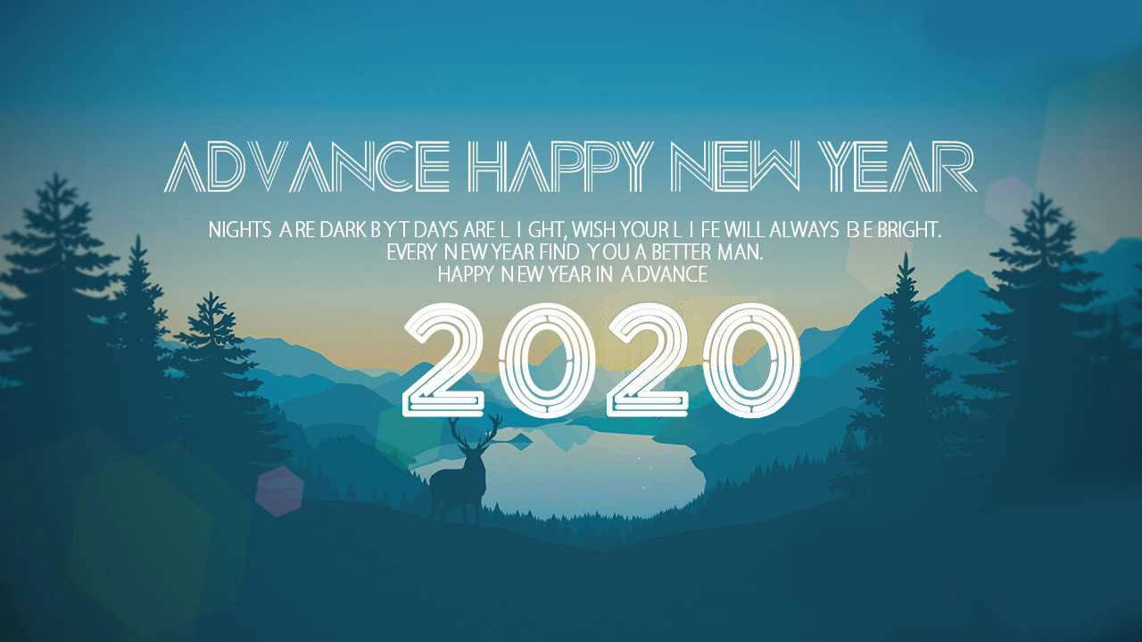 New 桌布 壁紙 — 黃昏時分的風格化山景，鹿的剪影和發光的「2020」文字疊加在寧靜的湖面上。