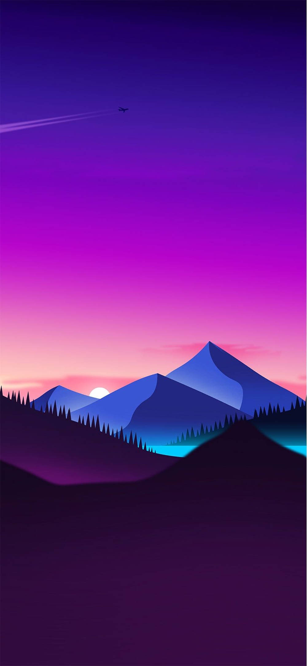 Vaporwave 桌布 壁紙 — 黃昏時分的風格化山脈，帶有發光的太陽、紫色天空和留下一道軌跡的孤獨飛機。