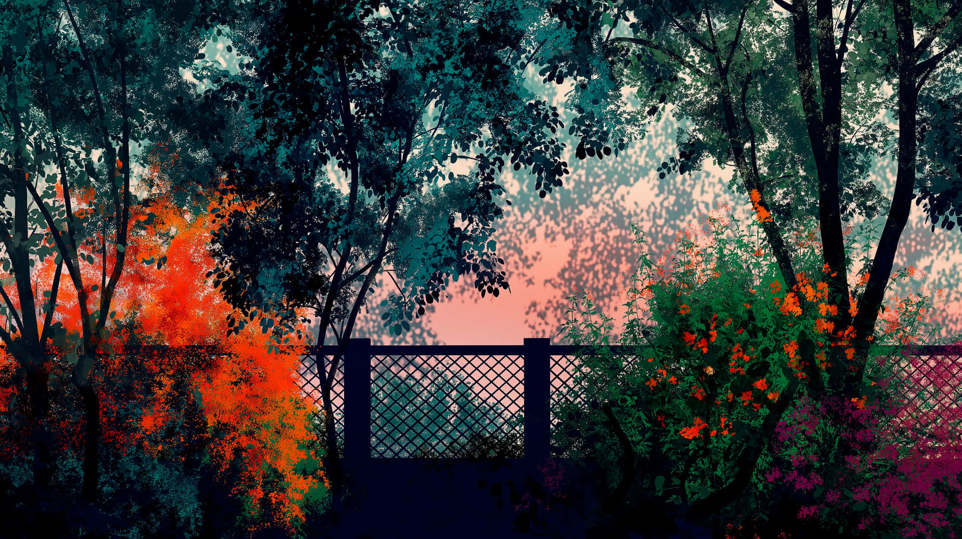 Garden Vista with Lush Flora and Distant Fence at Sunset Glow 壁紙 — 黃昏時分的風格化森林場景，深色圍欄後有火紅的橙色樹葉與青綠色的樹木和粉紅色的天空。