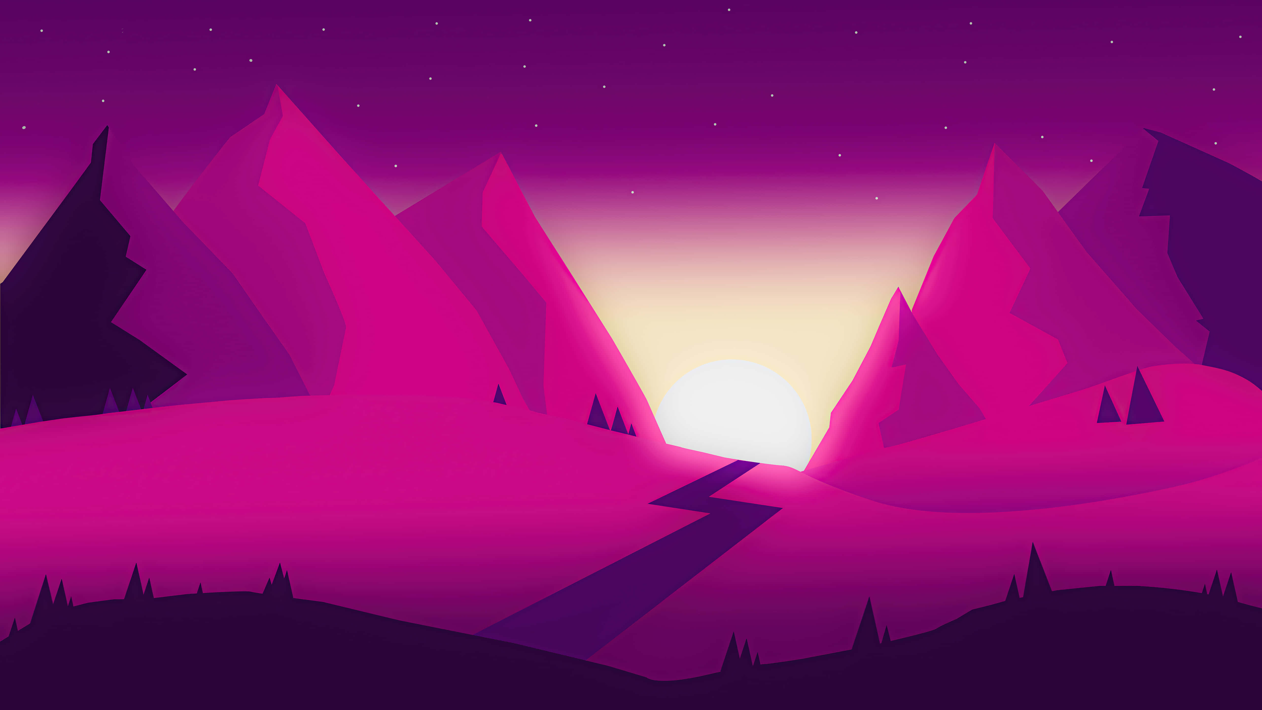 山景 桌布 壁紙 — 黃昏時分的風格化紫色山景，帶有發光的太陽和星空。