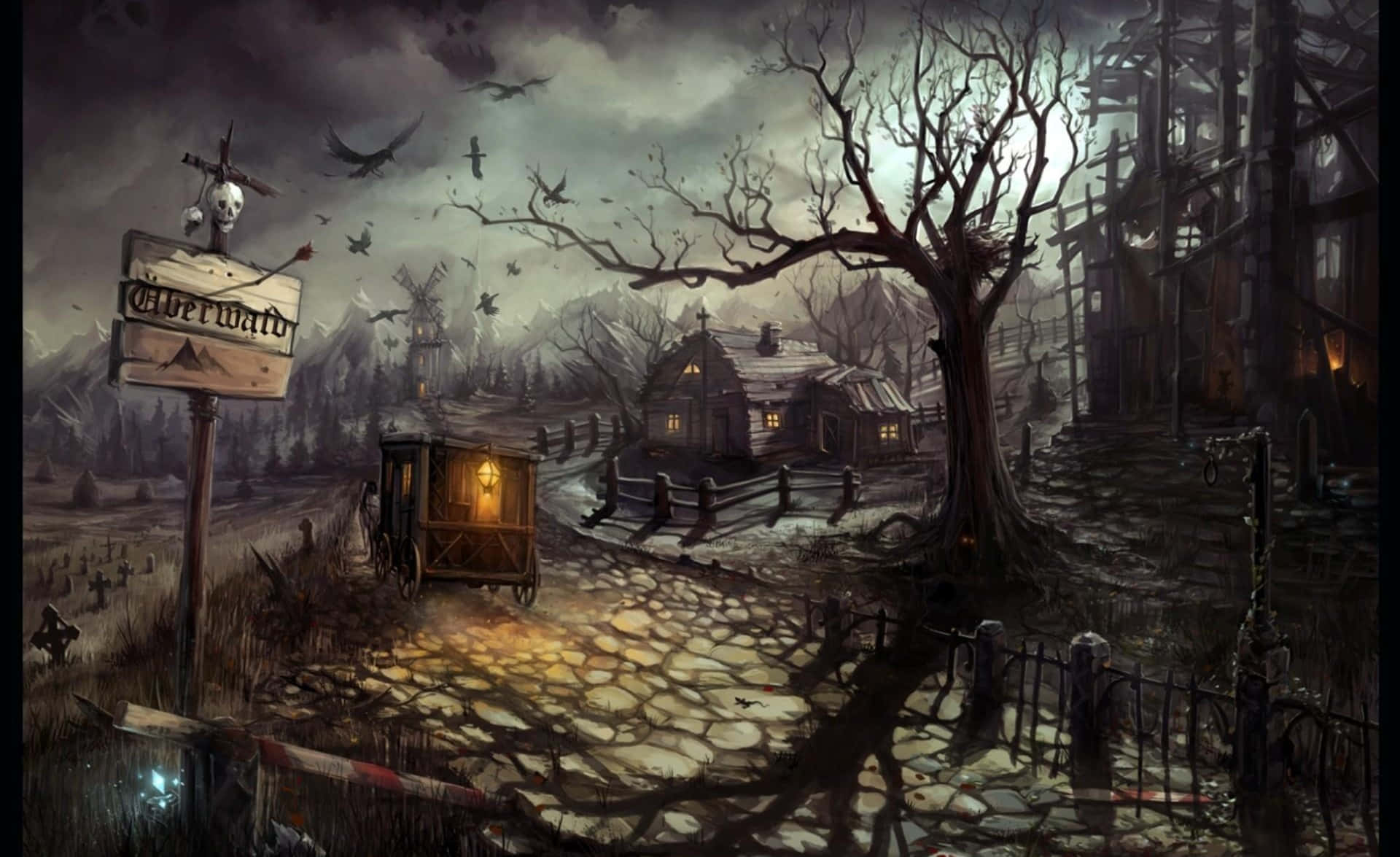 haunted 桌布 壁紙 — 黃昏時分的鬼村，發光的馬車，光禿禿的樹木，暴風雨天空下的骷髏標誌。