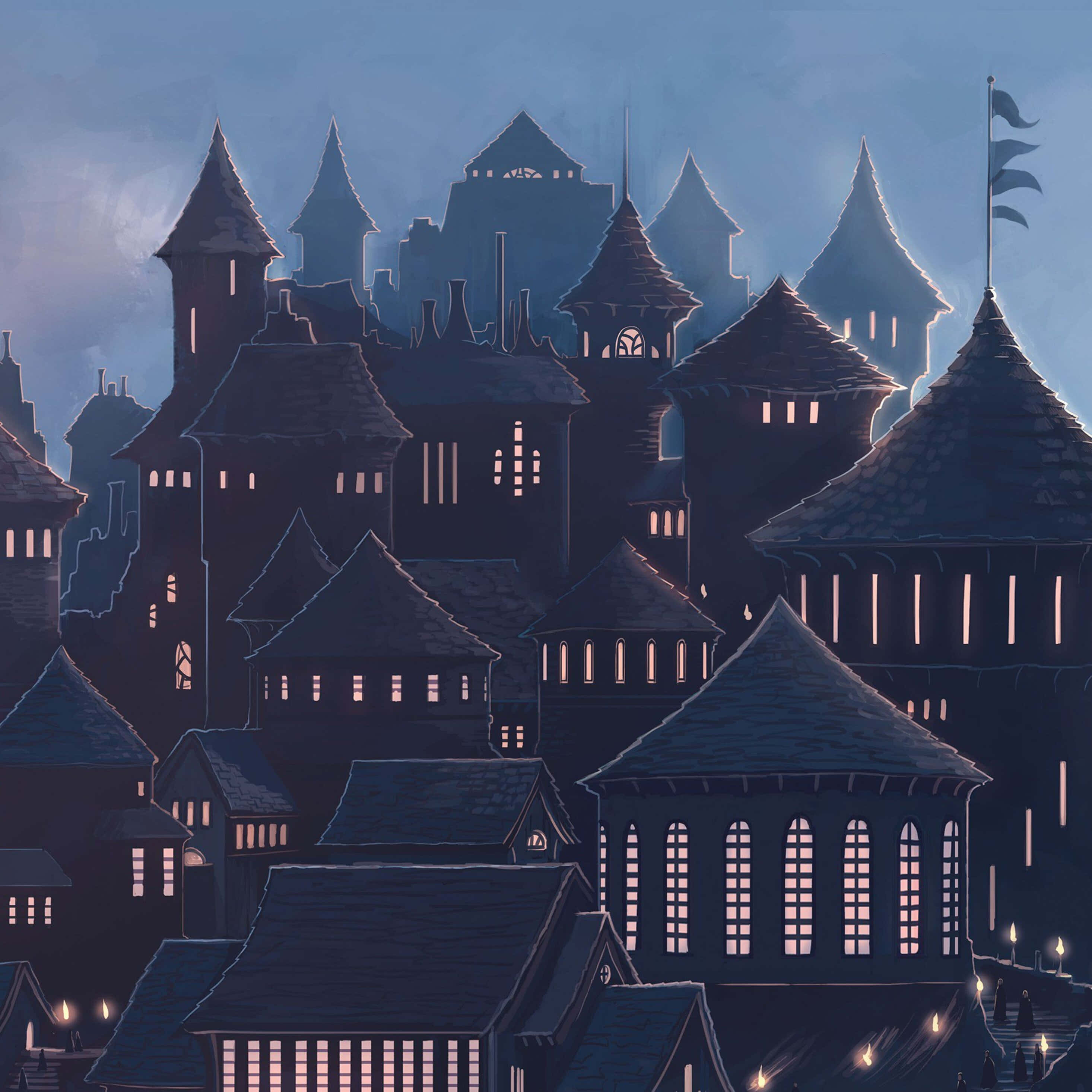 Christmas At Hogwarts 桌布 壁紙 — 黃昏時分的黑暗奇幻城堡小鎮，發光的窗戶和霧濛濛的藍天。