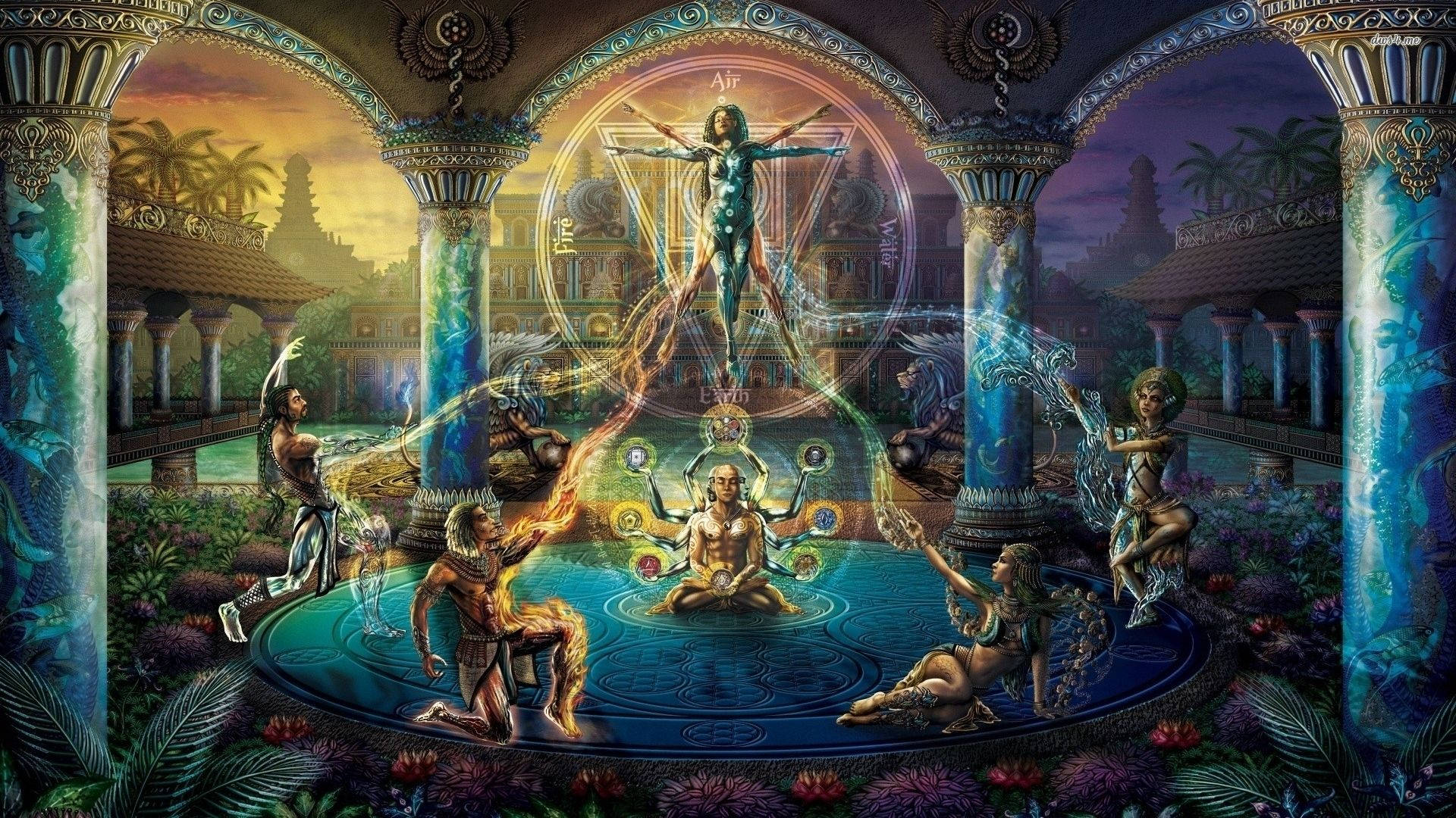 element 桌布 壁紙 — 黃昏時分神秘寺廟庭院，元素精靈圍繞著發光拱門下的中心人物。